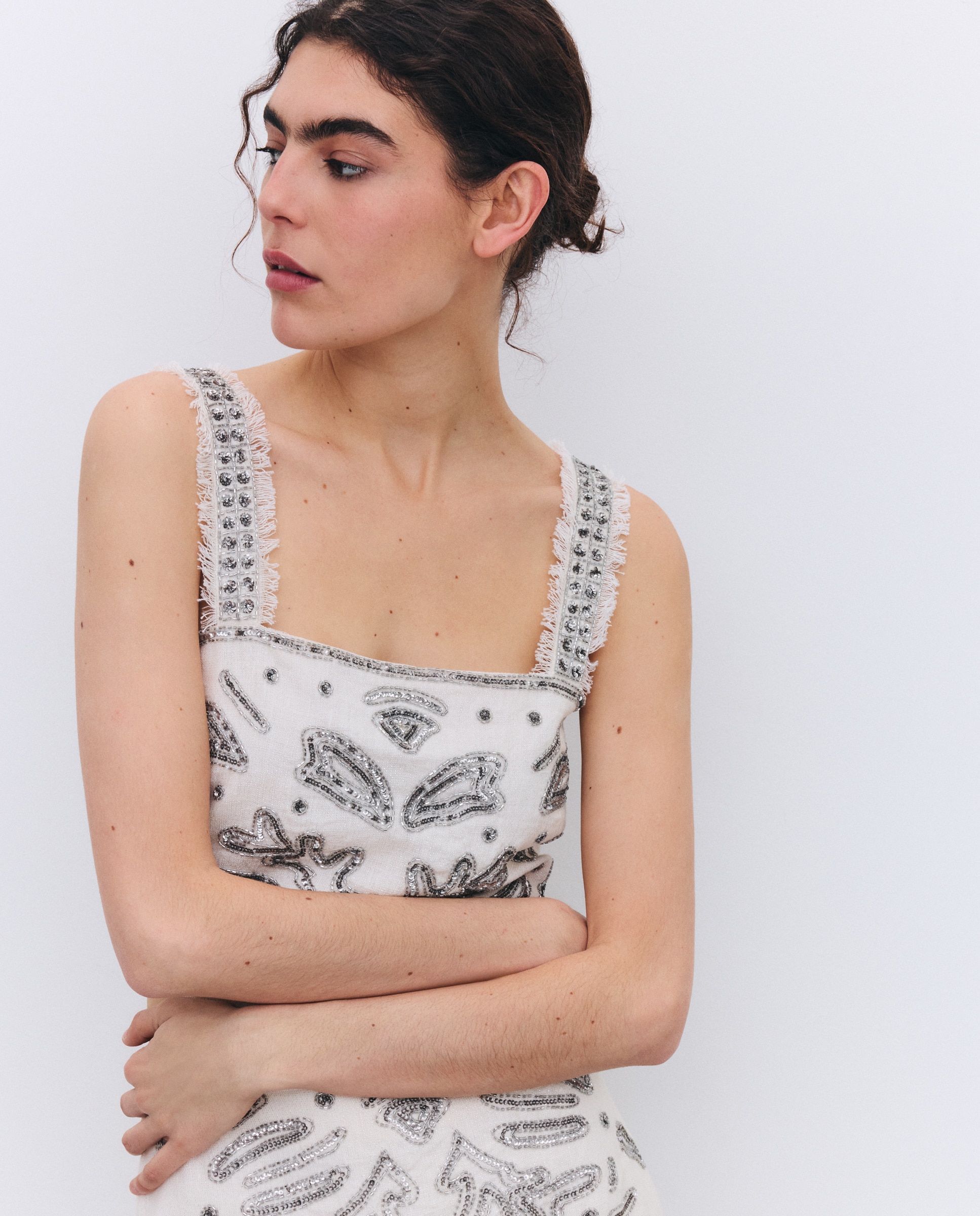 Top de Linho com Bordados de Lantejoulas Branco-marfim-2