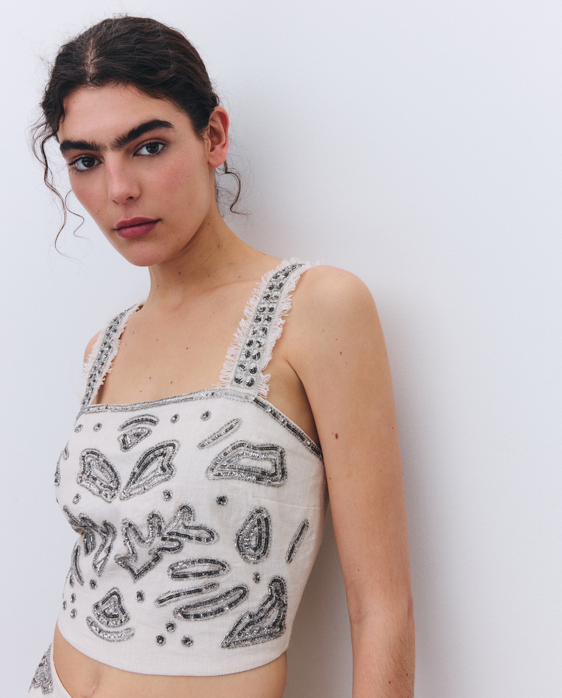 Top de Linho com Bordados de Lantejoulas Branco-marfim-4