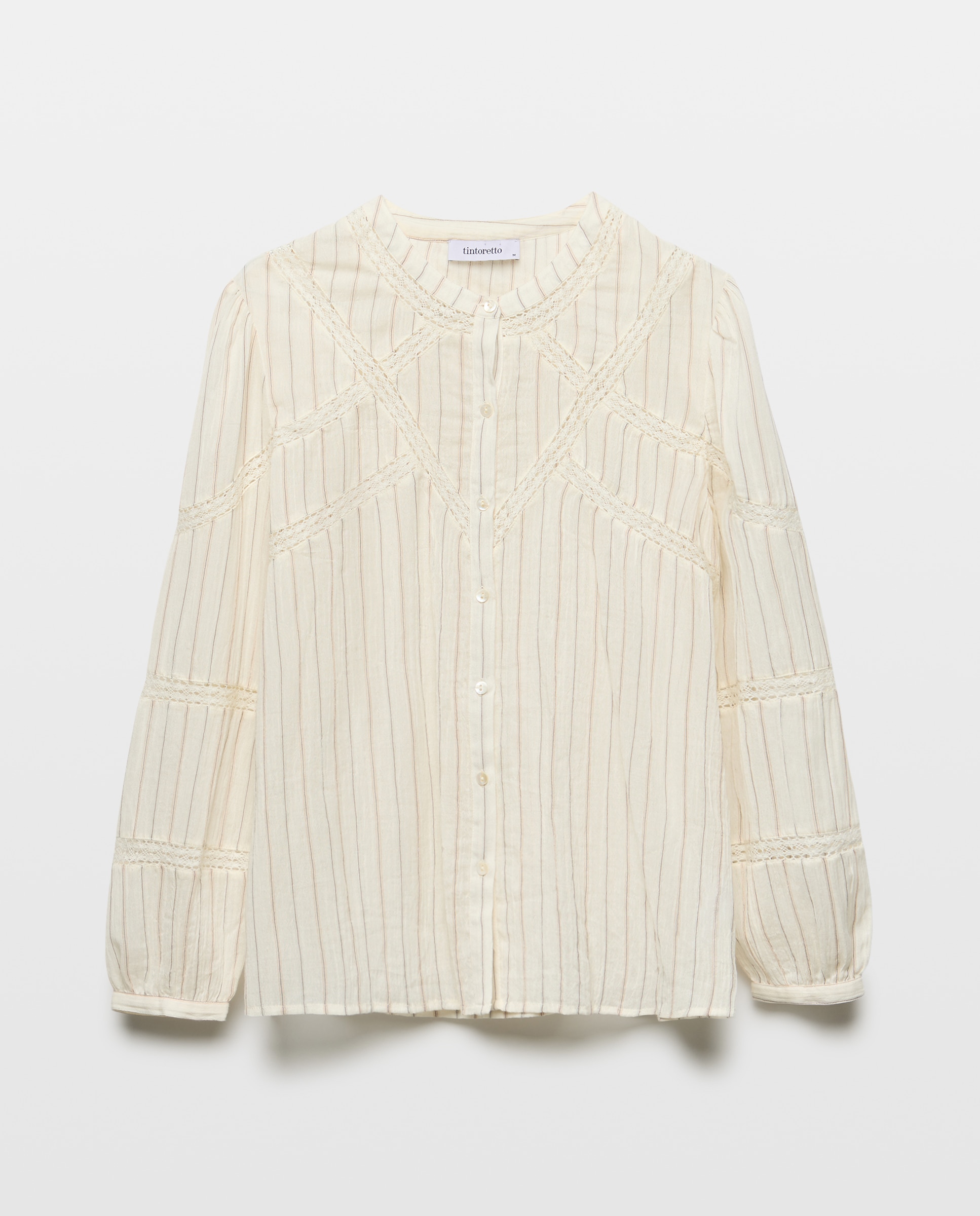 Blusa de Manga Comprida às Riscas com Renda Castanho-5