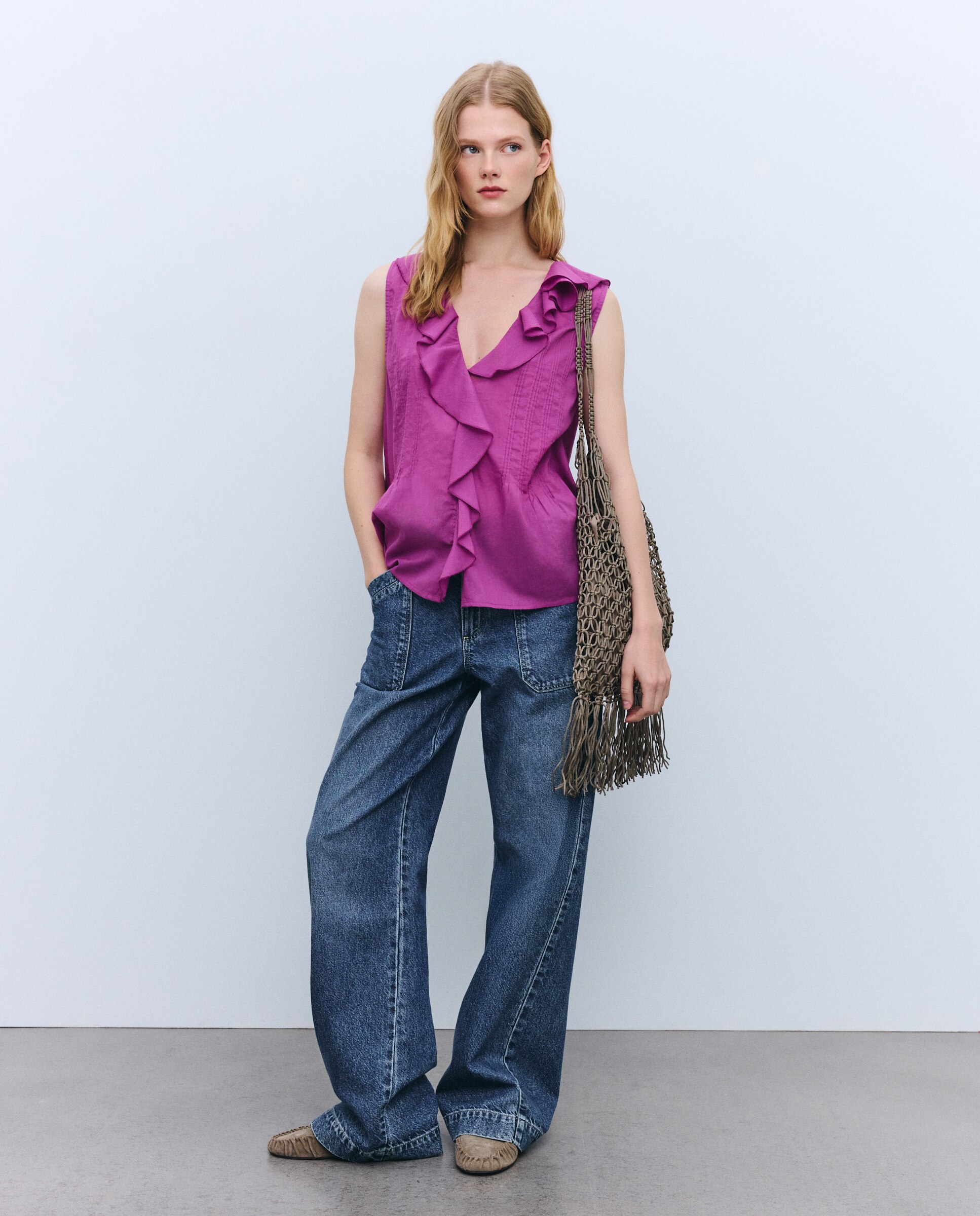 Blusa de mujer sin mangas con volantes - Tintoretto - Blanco Purpura-1