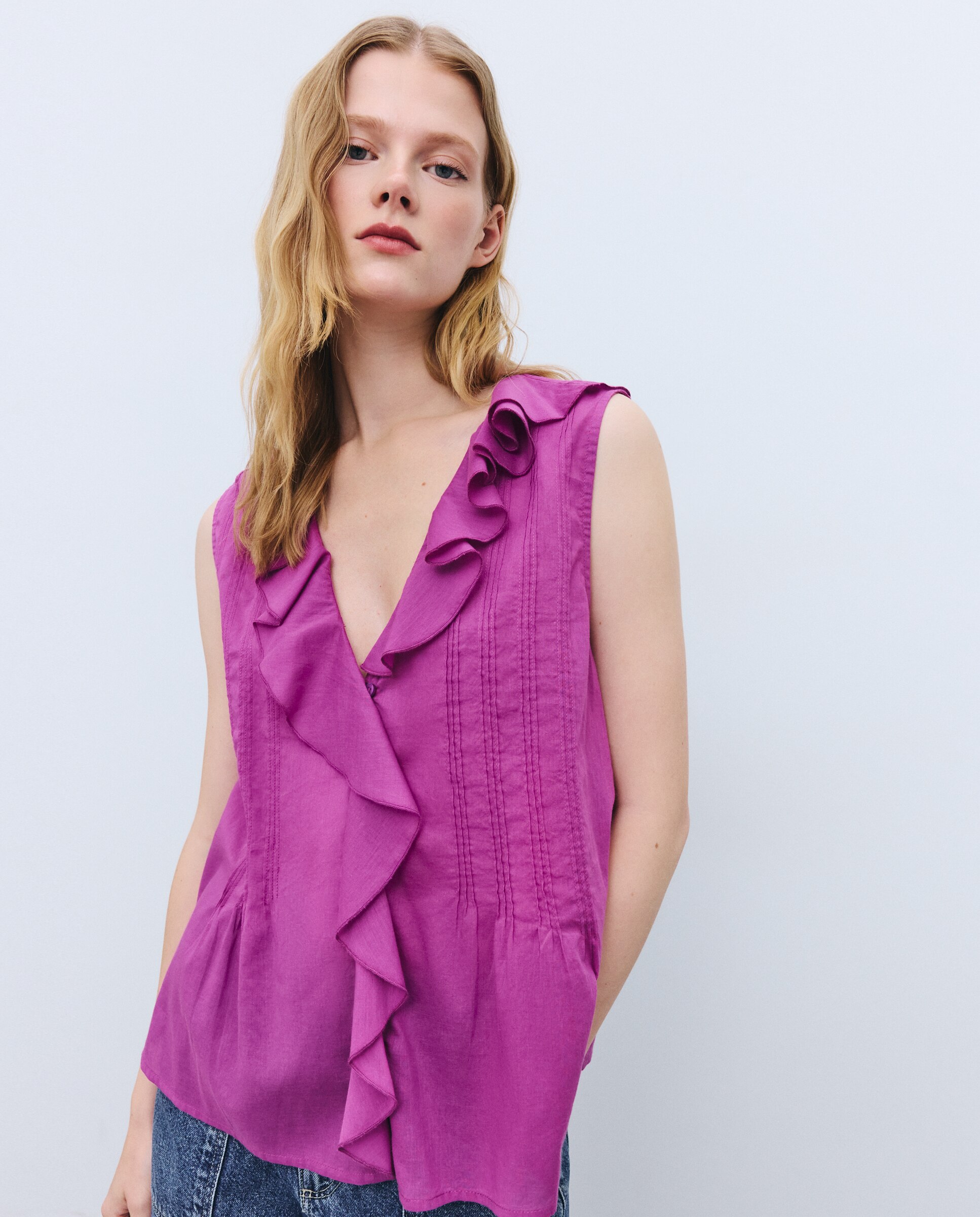 Blusa de mujer sin mangas con volantes - Tintoretto - Blanco Purpura-2