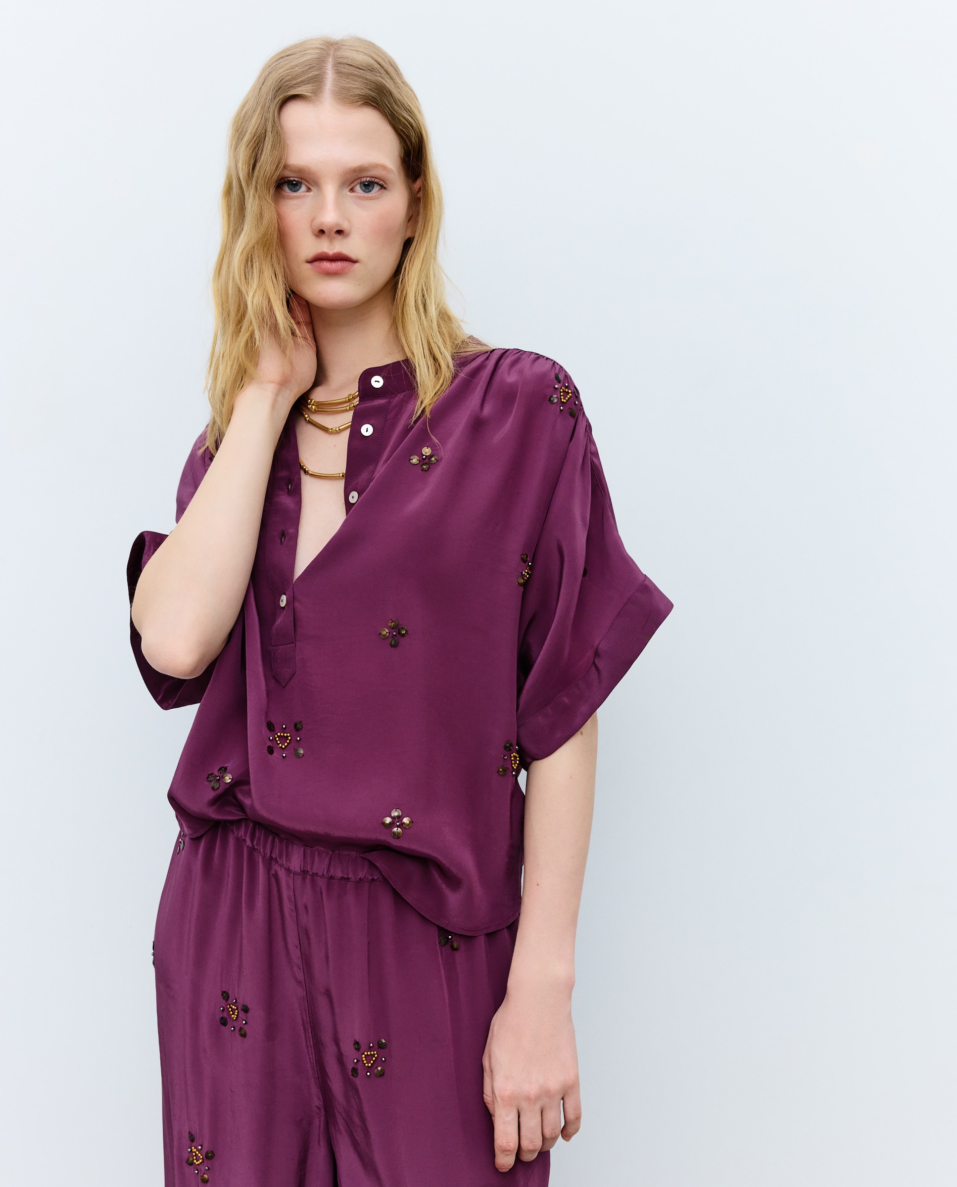 Blusa de mujer de manga corta con detalles - Tintoretto - Ciruela Ciruela-1
