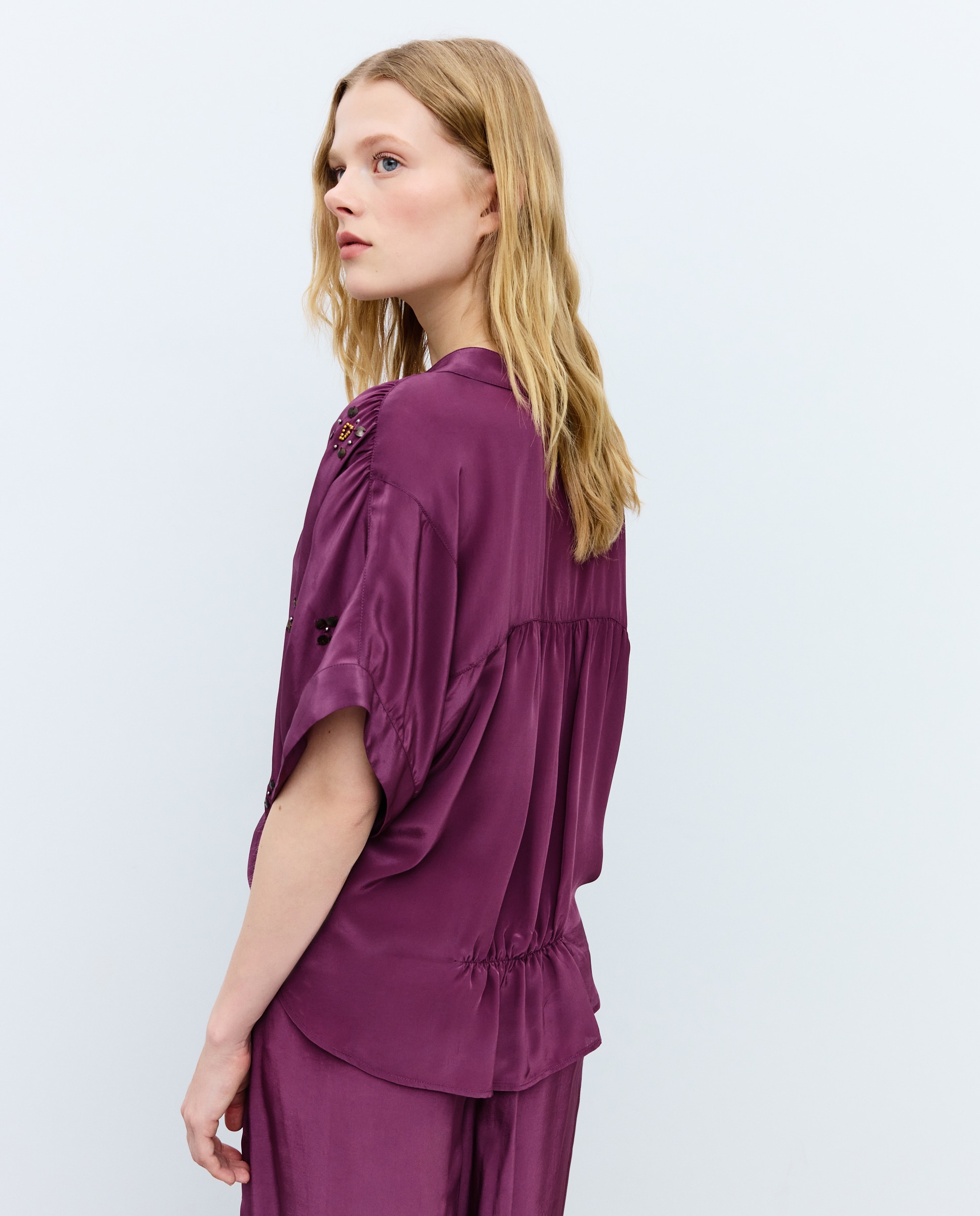 Blusa de mujer de manga corta con detalles - Tintoretto - Ciruela Ciruela-2