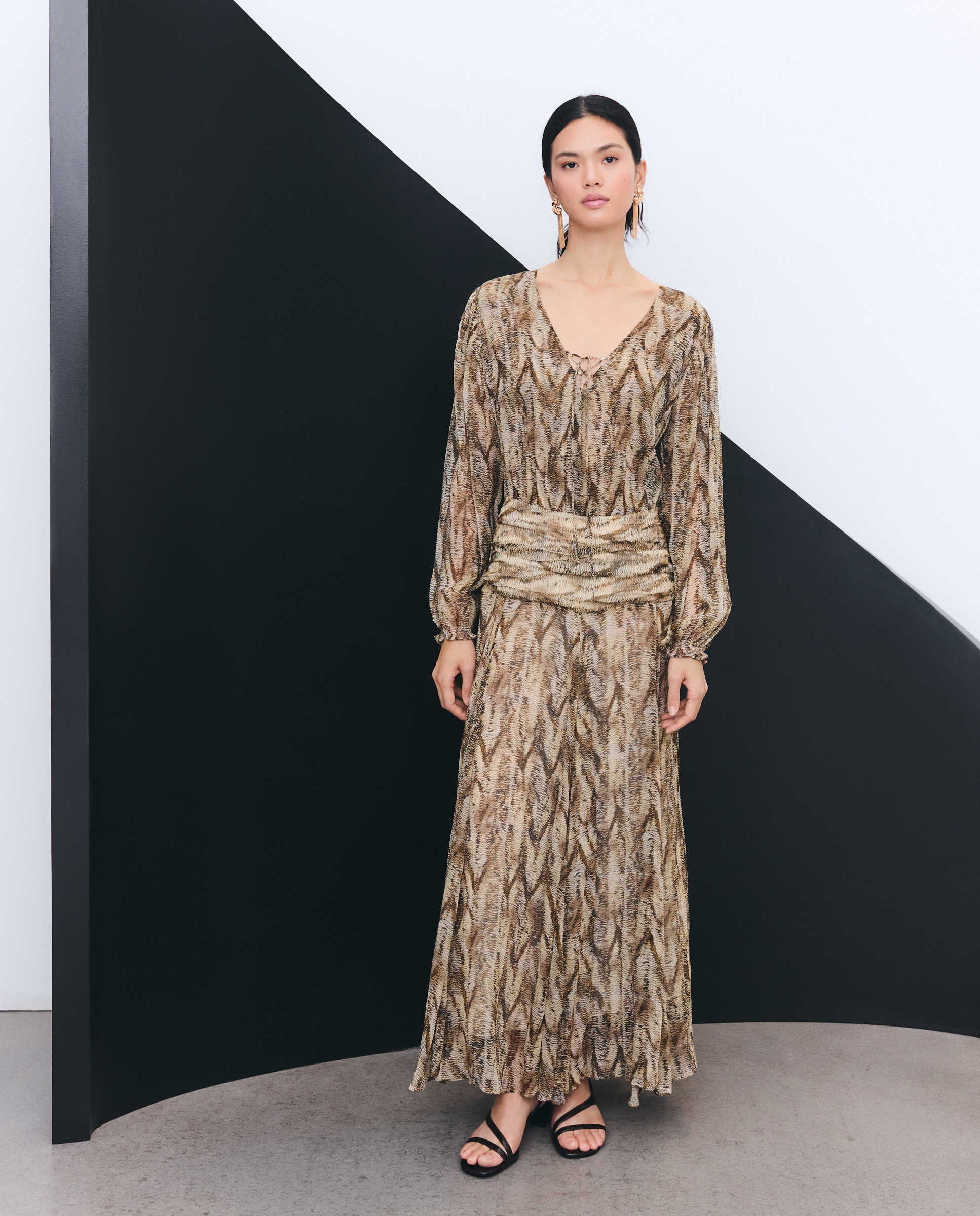 Vestido com Manga Comprida e Animal Print de Réptil Castanho-2