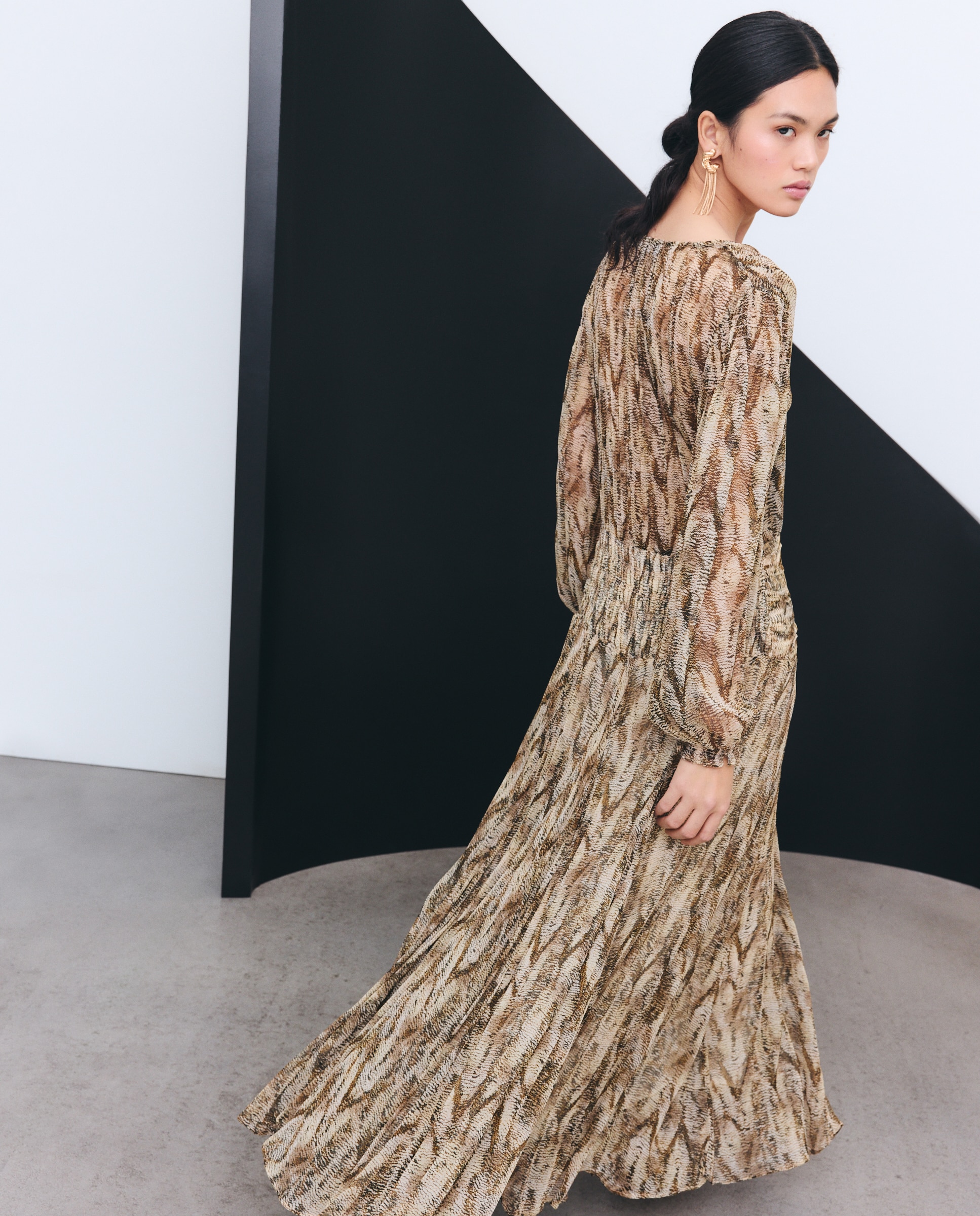 Vestido com Manga Comprida e Animal Print de Réptil Castanho-3