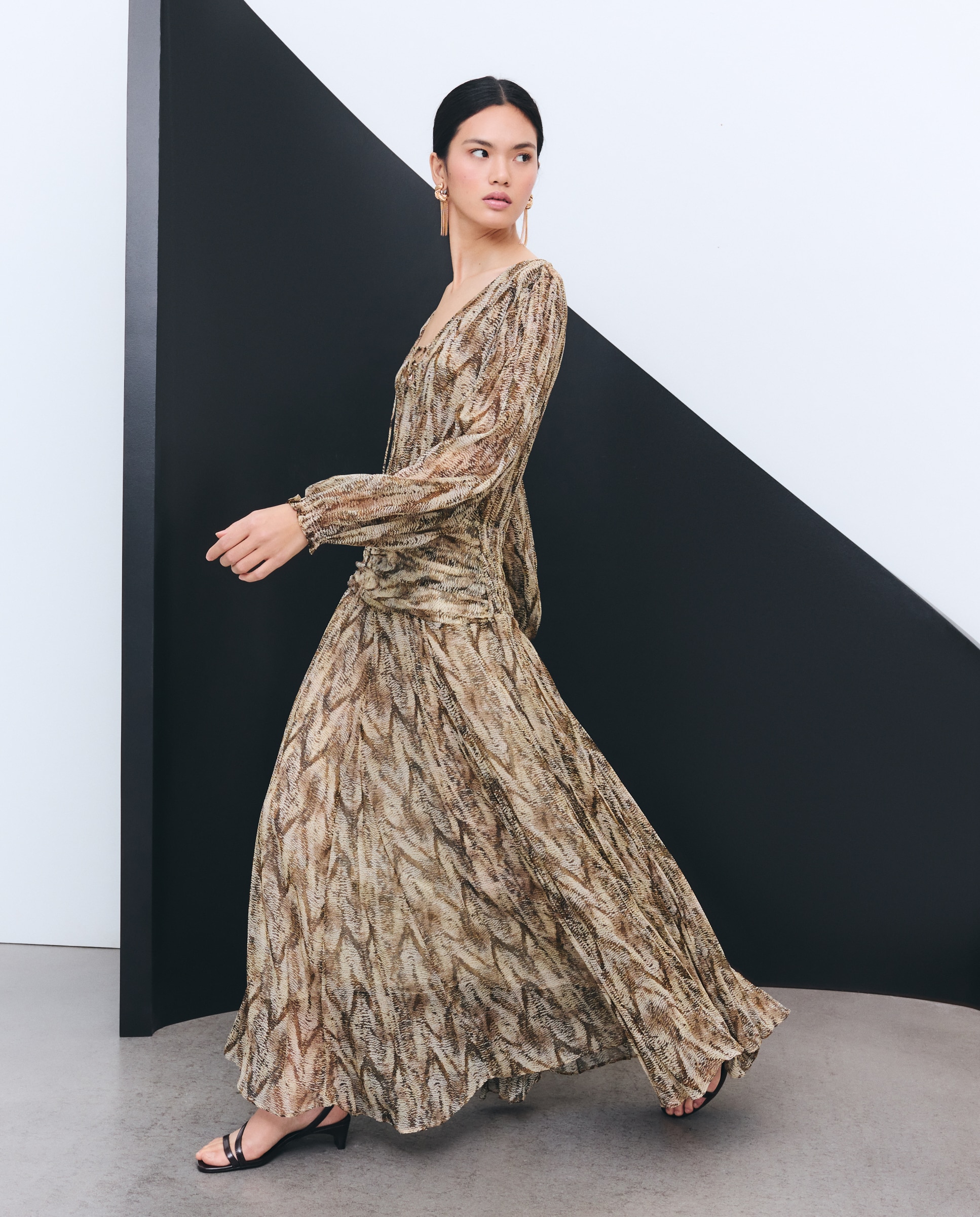 Vestido com Manga Comprida e Animal Print de Réptil Castanho-4