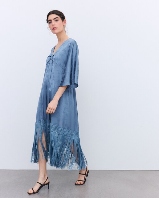 Vestido manga corta jacquard estampado flecos de mujer