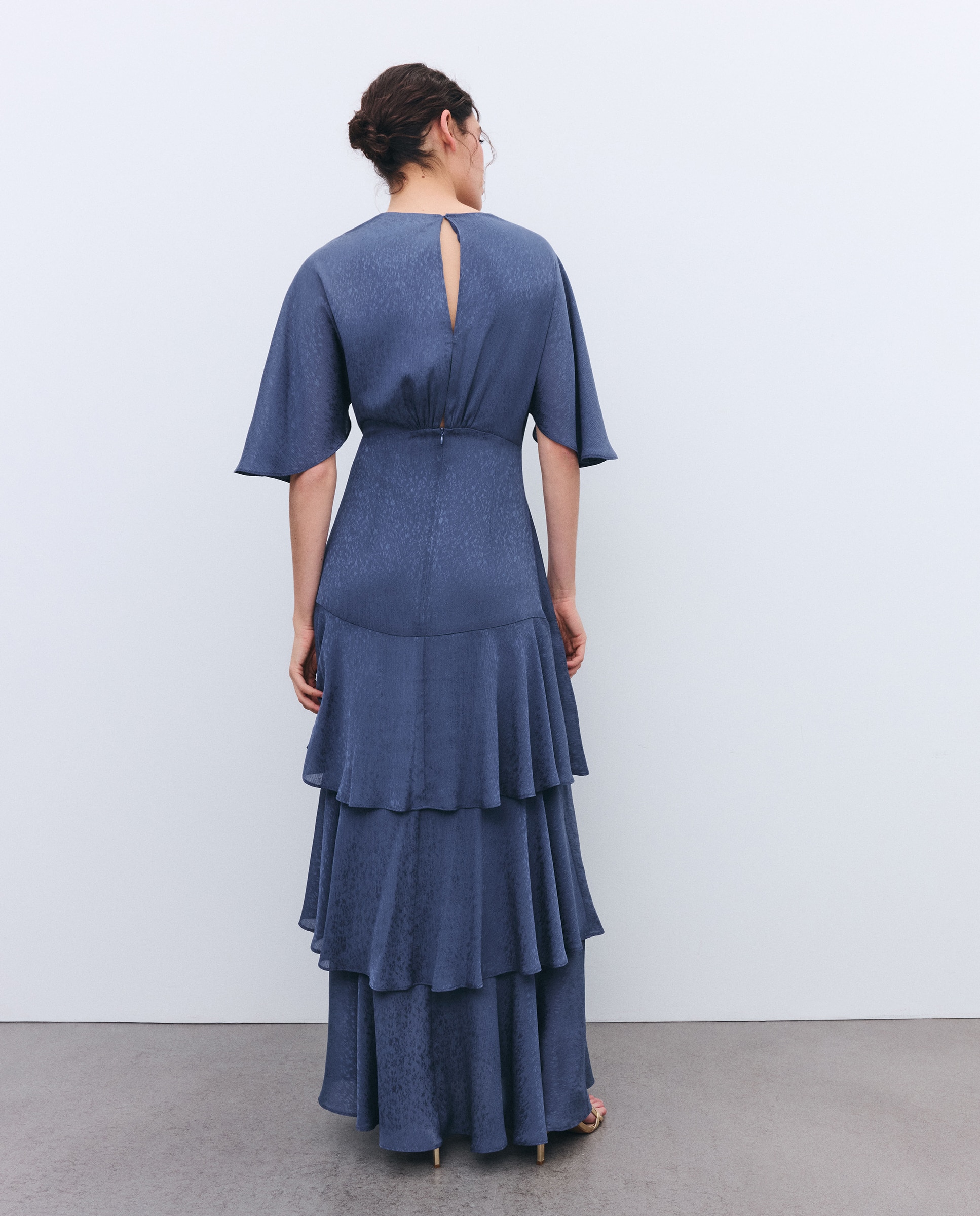 Vestido Jacquard com Manga Curta e Folhos 471 Índigo-3