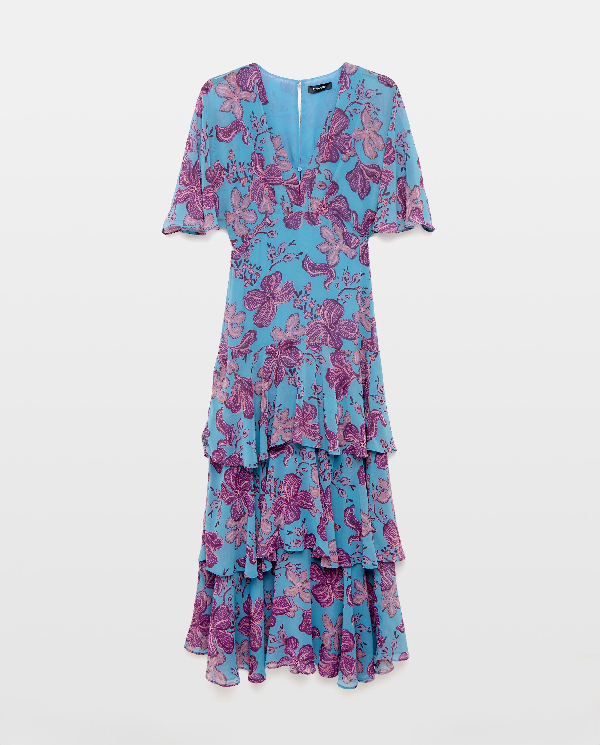 Vestido de Manga Curta Estampado com Folhos Azul-5