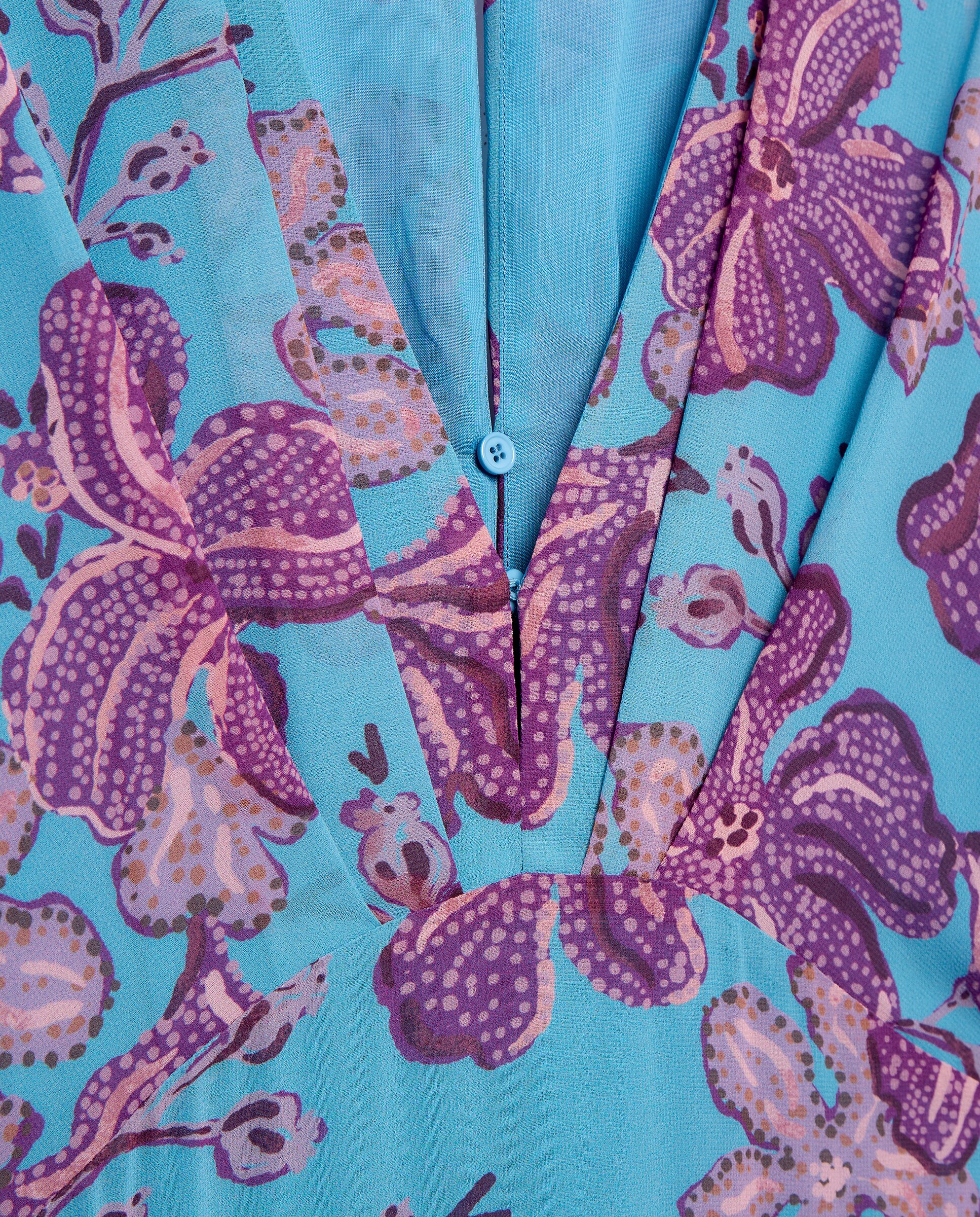 Vestido de Manga Curta Estampado com Folhos Azul-6