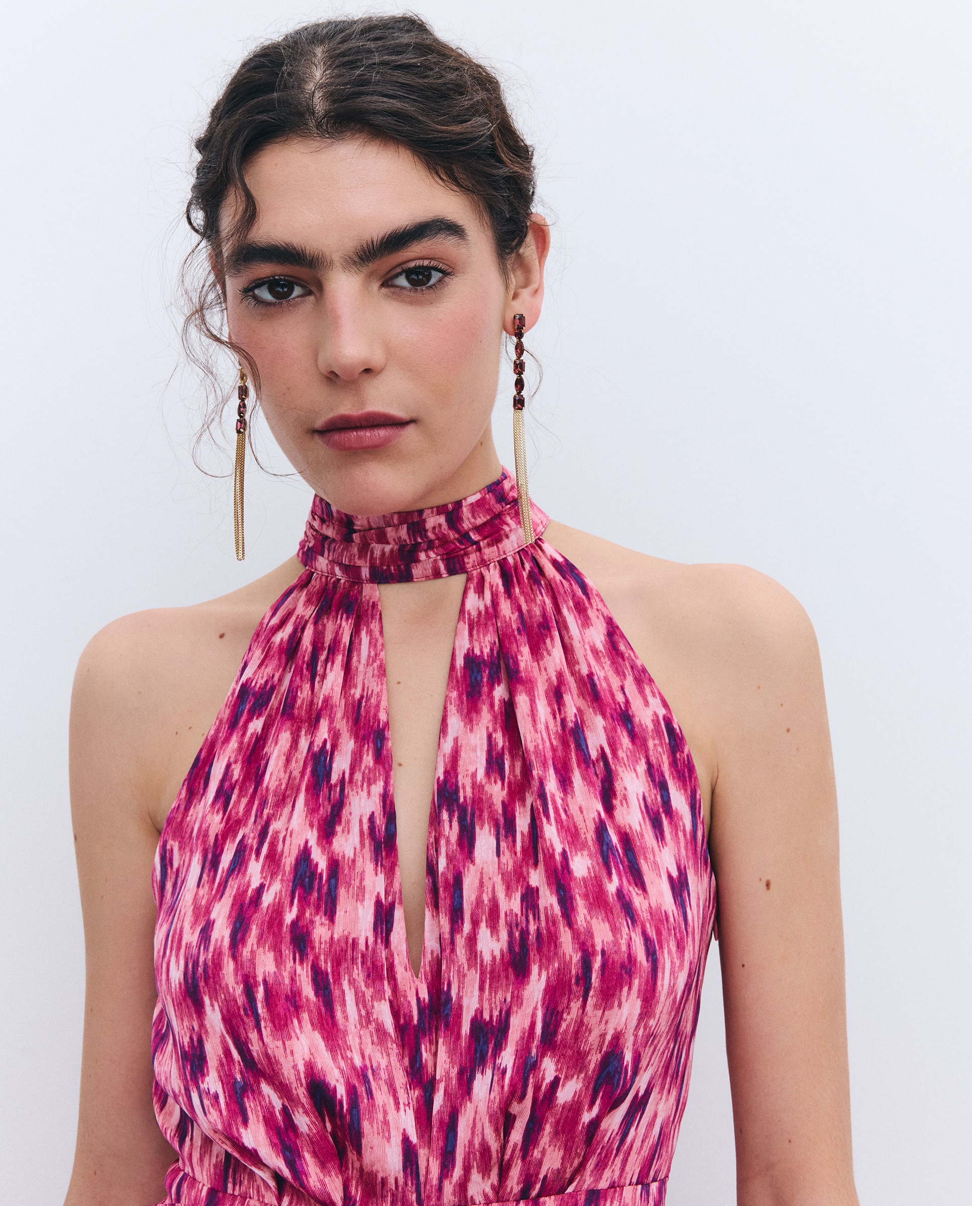 Vestido de Gola Halter com Jacquard Roxo-1