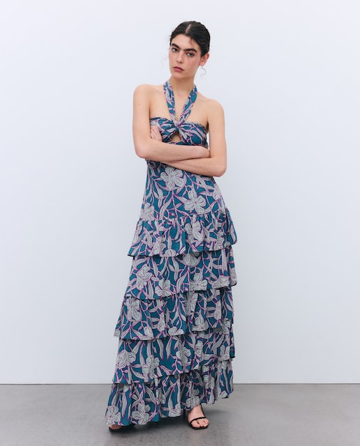 Vestido cuello halter volantes de mujer