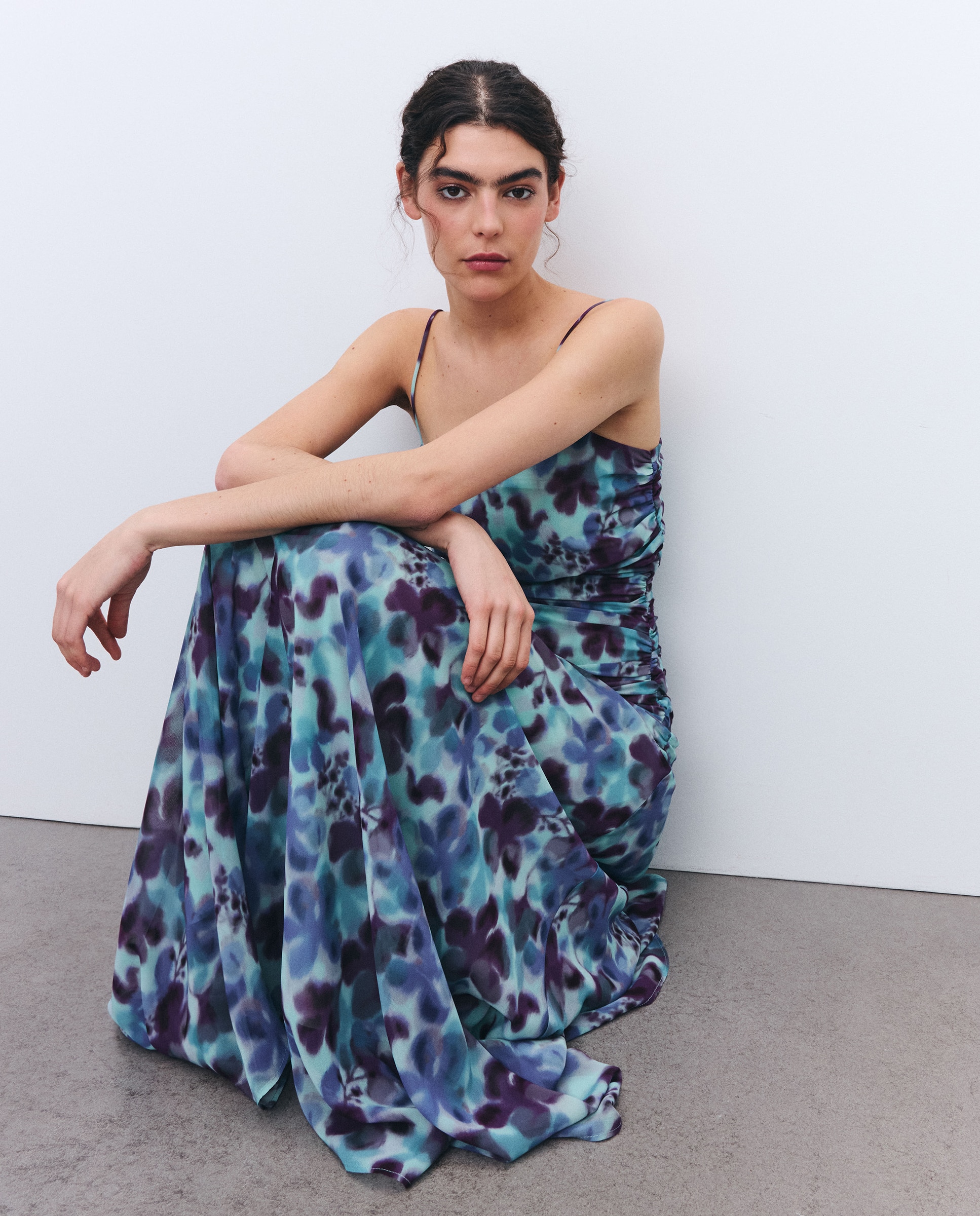 Vestido de Alças Drapeado com Cintura Baixa Azul-2