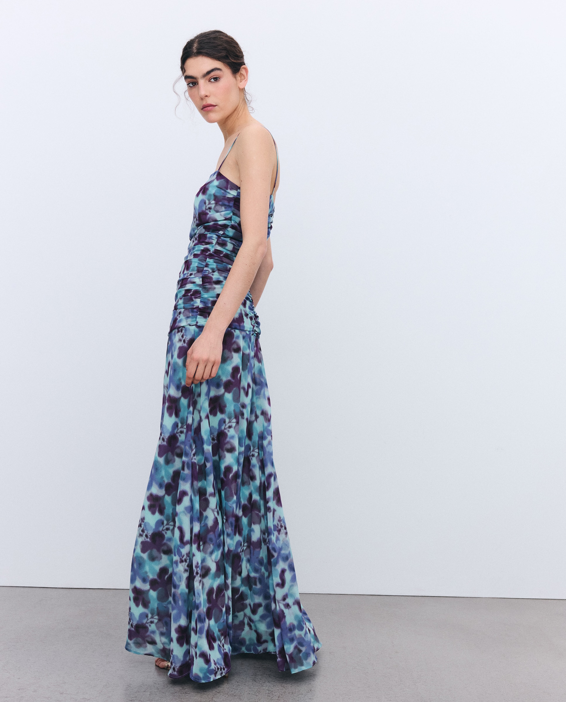 Vestido de Alças Drapeado com Cintura Baixa Azul-3