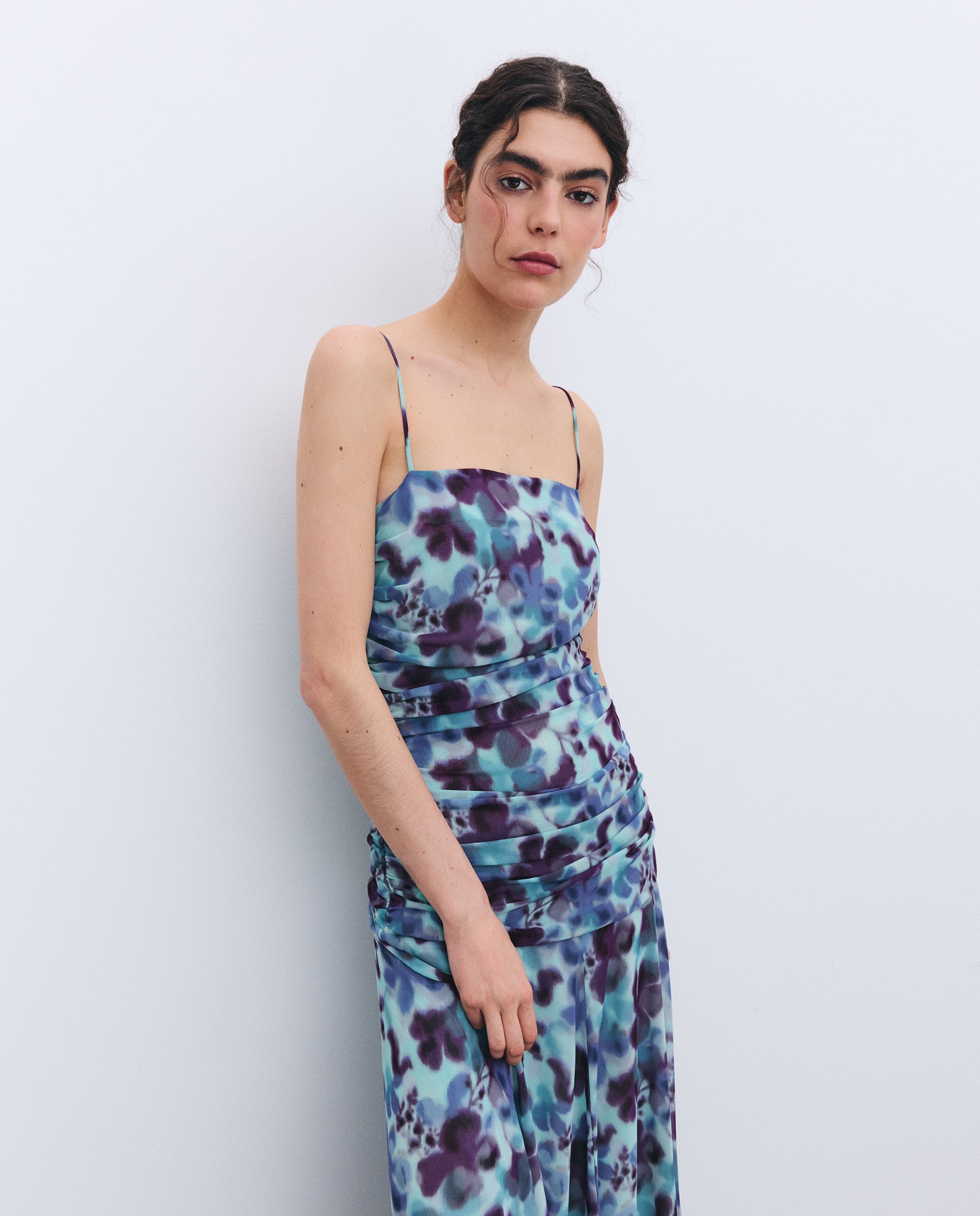 Vestido de Alças Drapeado com Cintura Baixa Azul-4