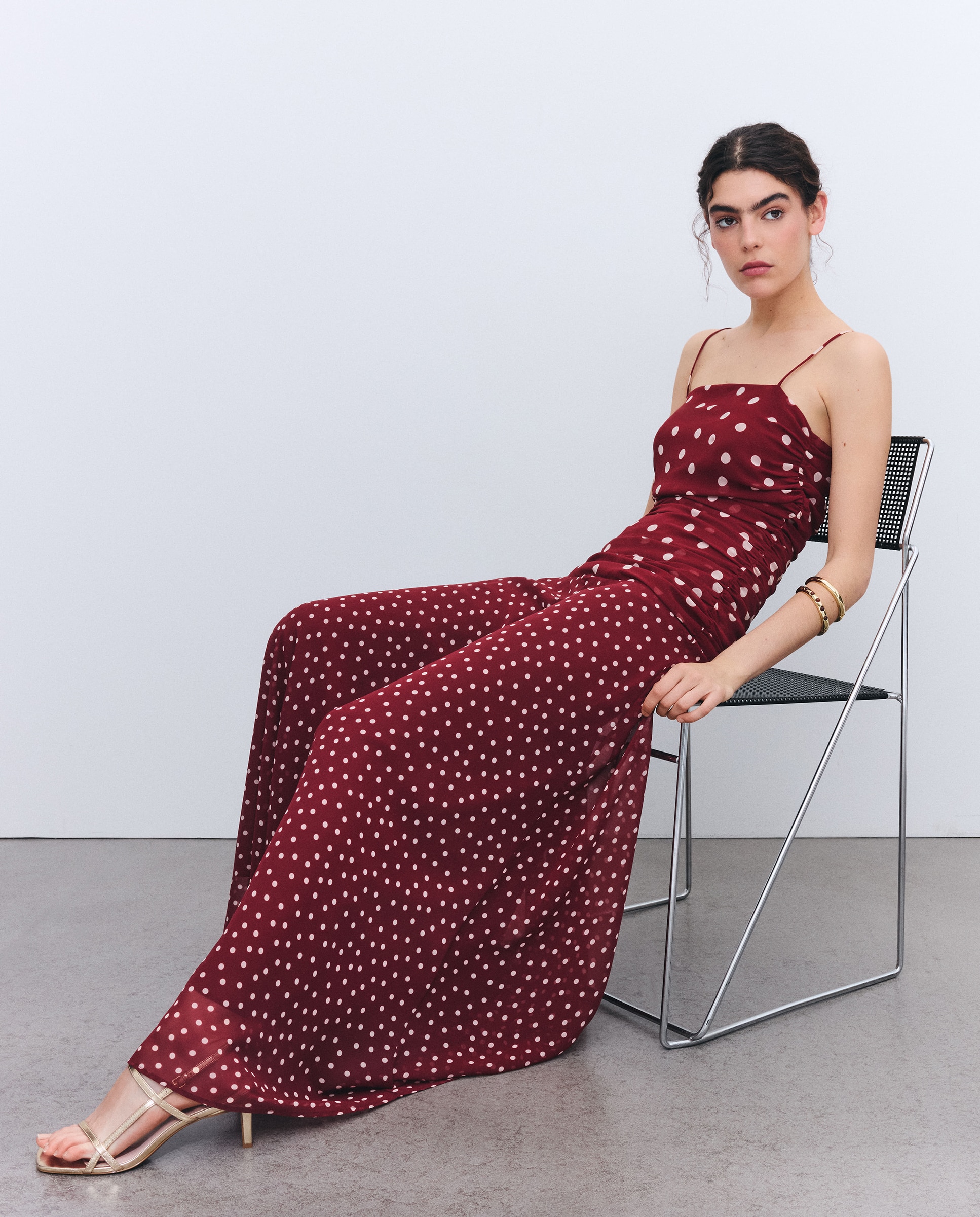 Vestido de Alças Drapeado com Cintura Baixa Bordeaux-1