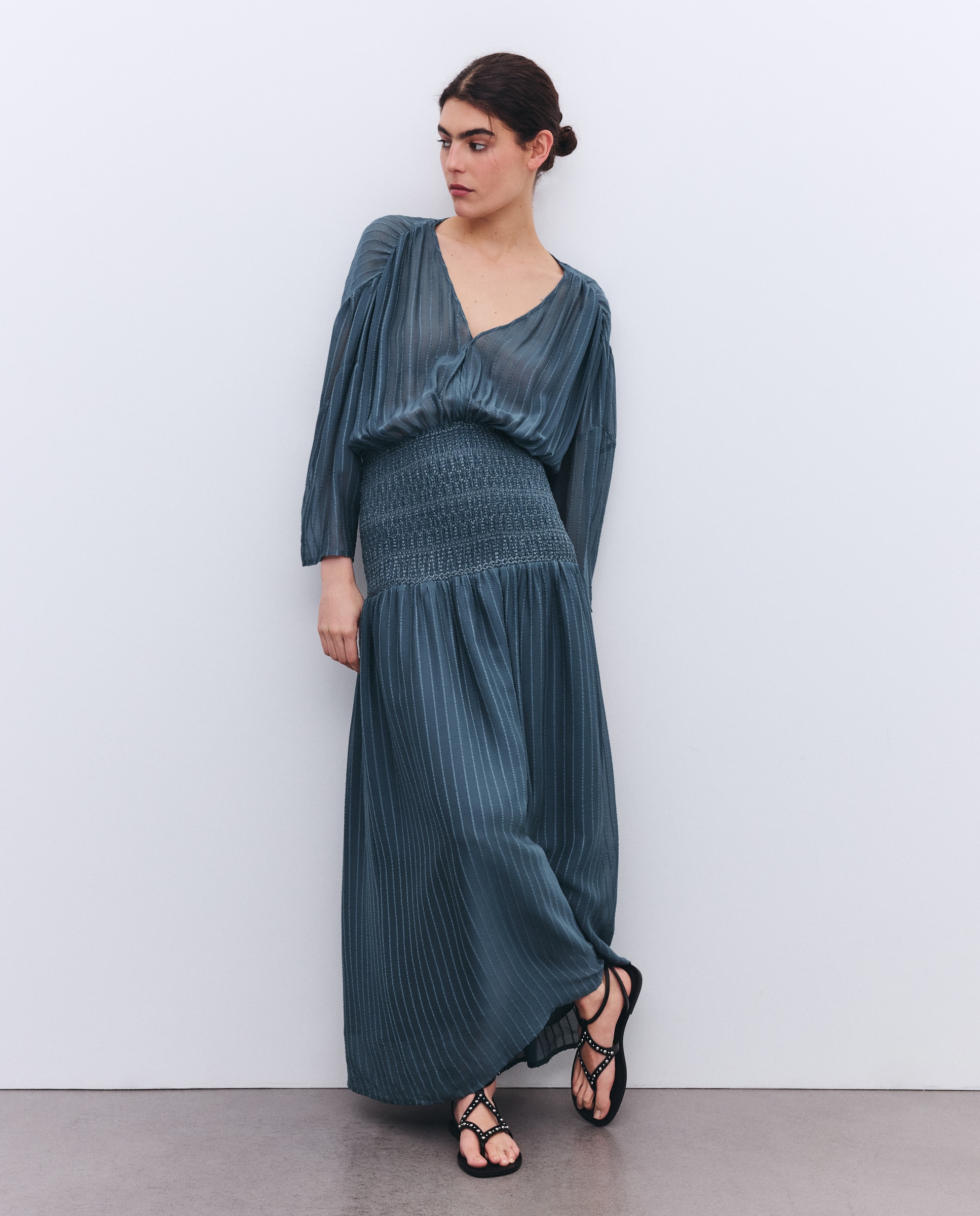 Vestido com Peitilho com Elásticos Verde Pato-2