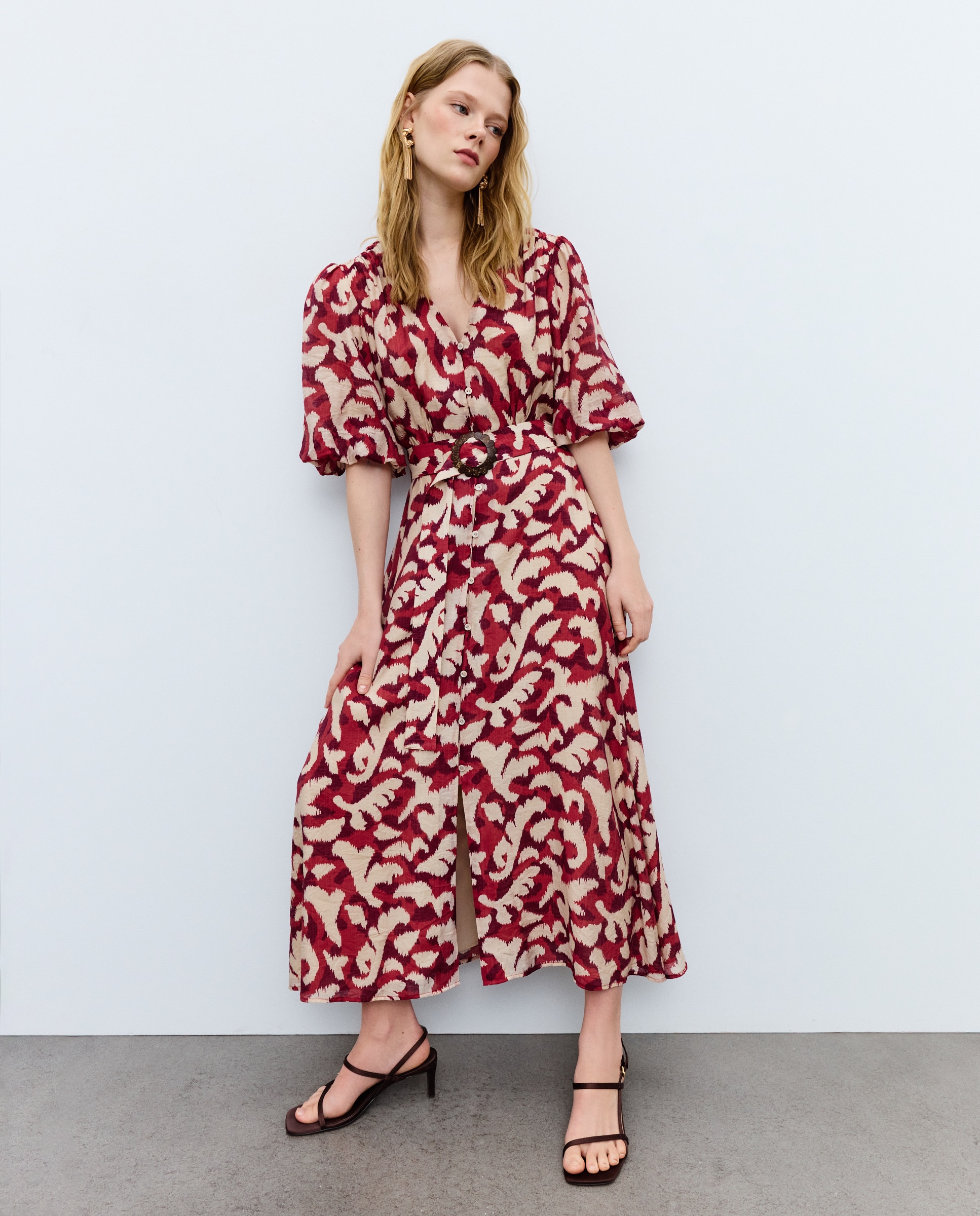 Vestido Midi com Manga Balão Vermelho-1