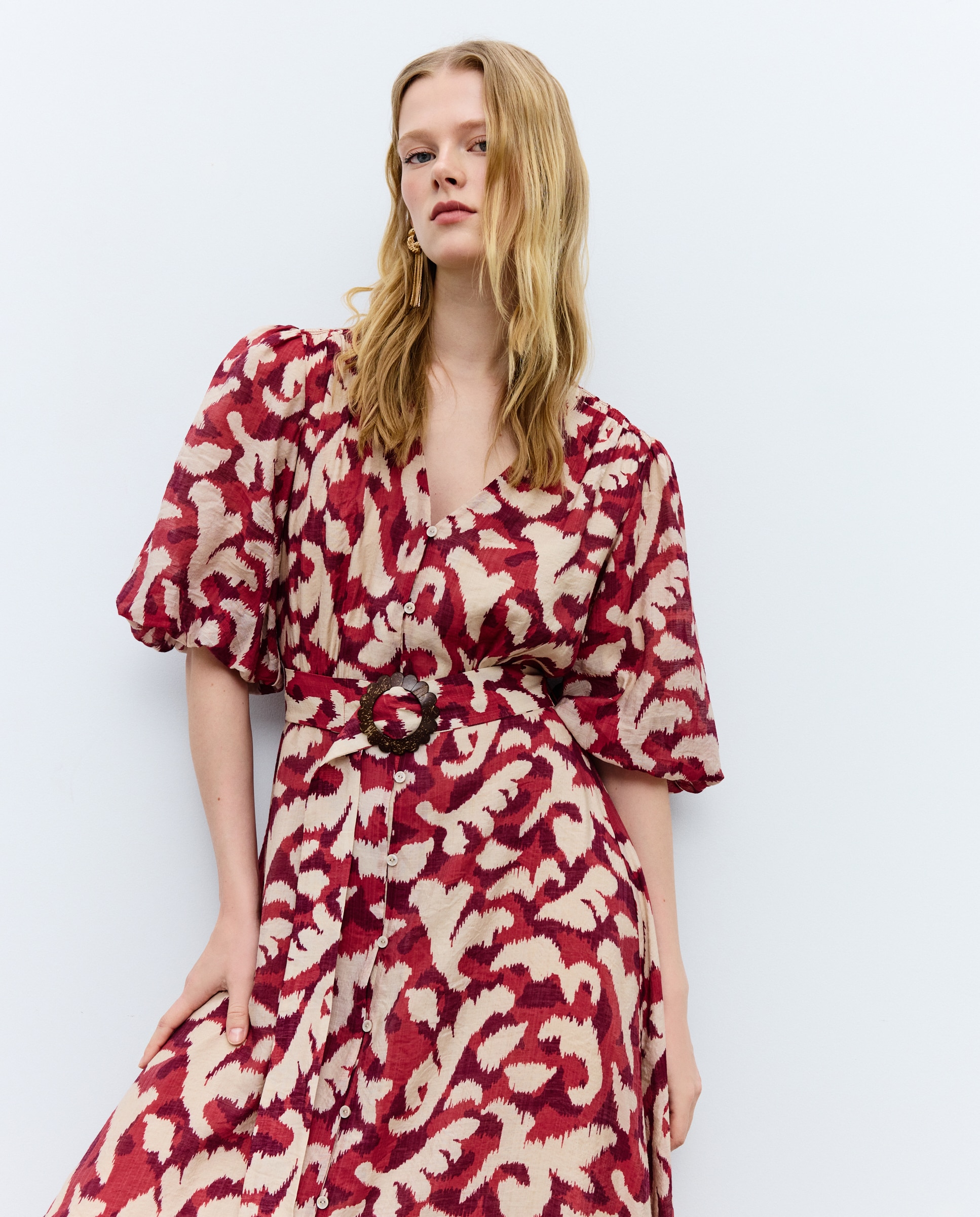 Vestido Midi com Manga Balão Vermelho-4