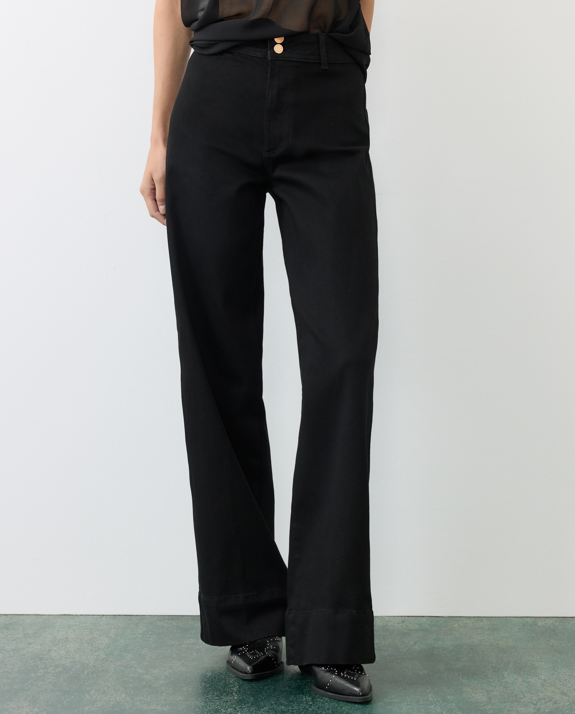 Jeans wide leg de mujer con dos botones - Tintoretto - Negro intenso Negro intenso-2