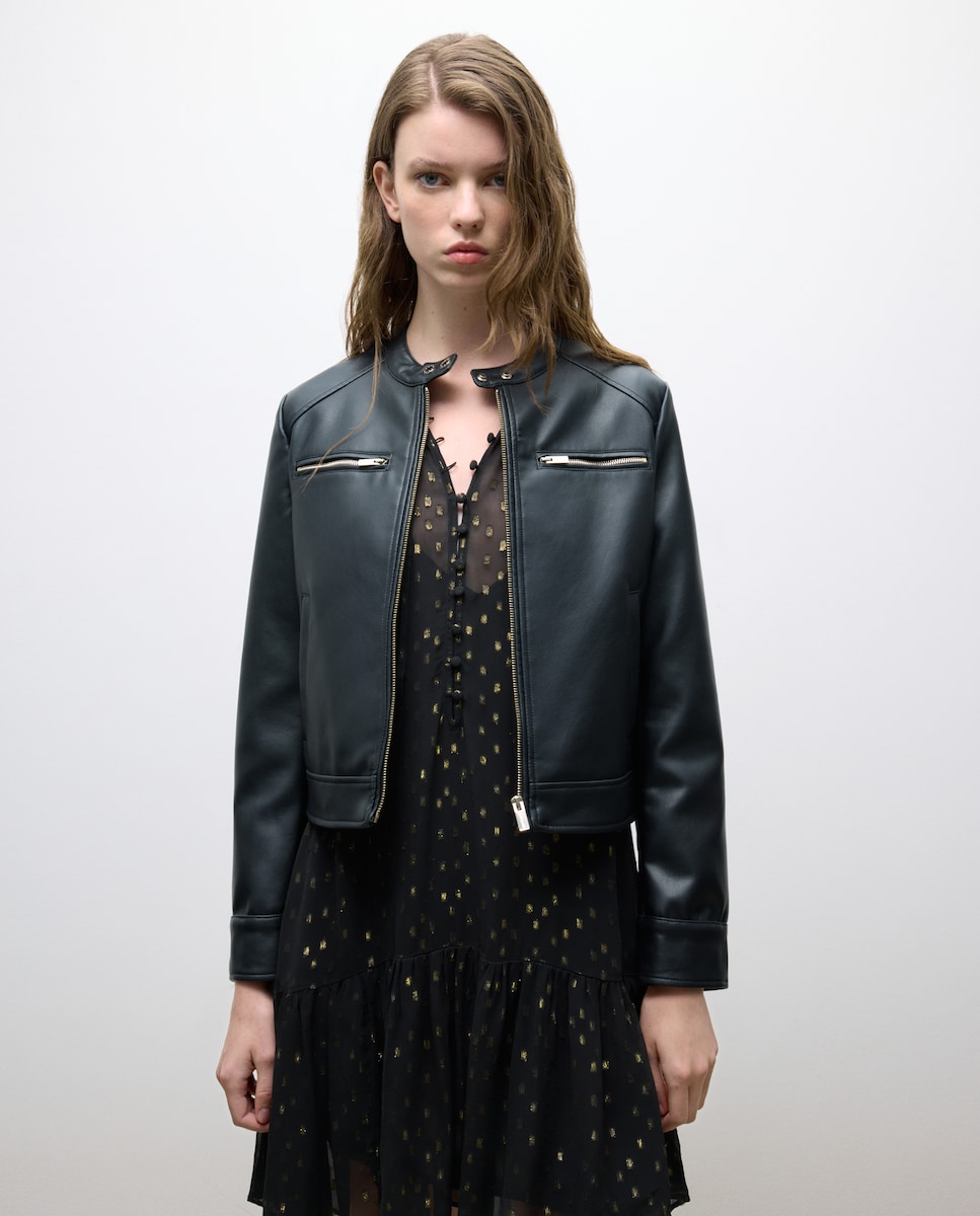 Blusão Biker com Fechos de Correr e Efeito de Pele Preto-2