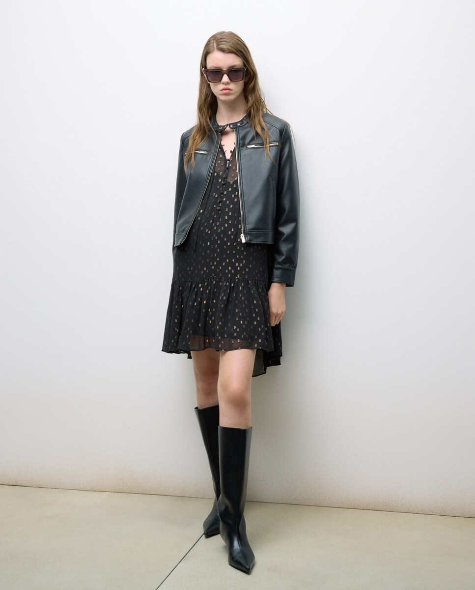 Blusão Biker com Fechos de Correr e Efeito de Pele Preto-4