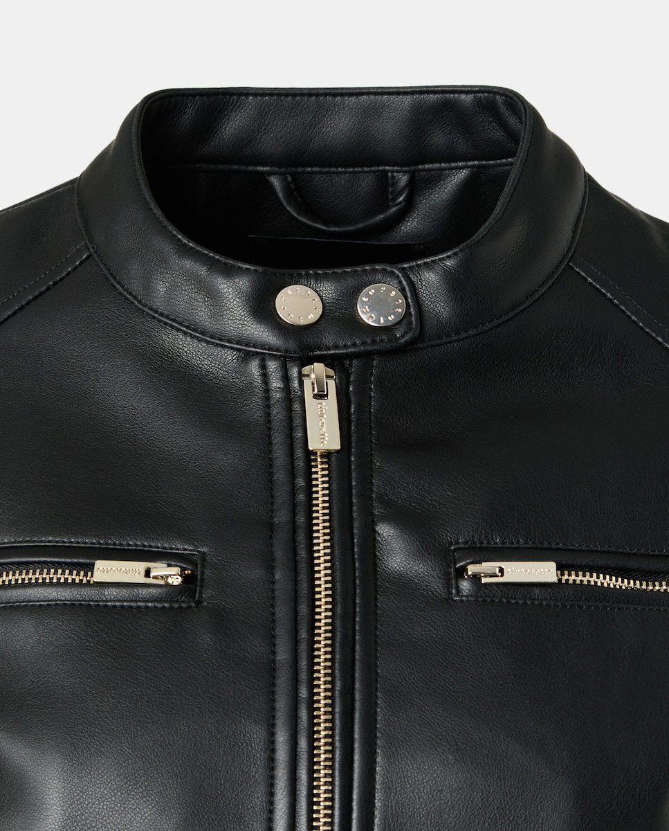 Blusão Biker com Fechos de Correr e Efeito de Pele Preto-6