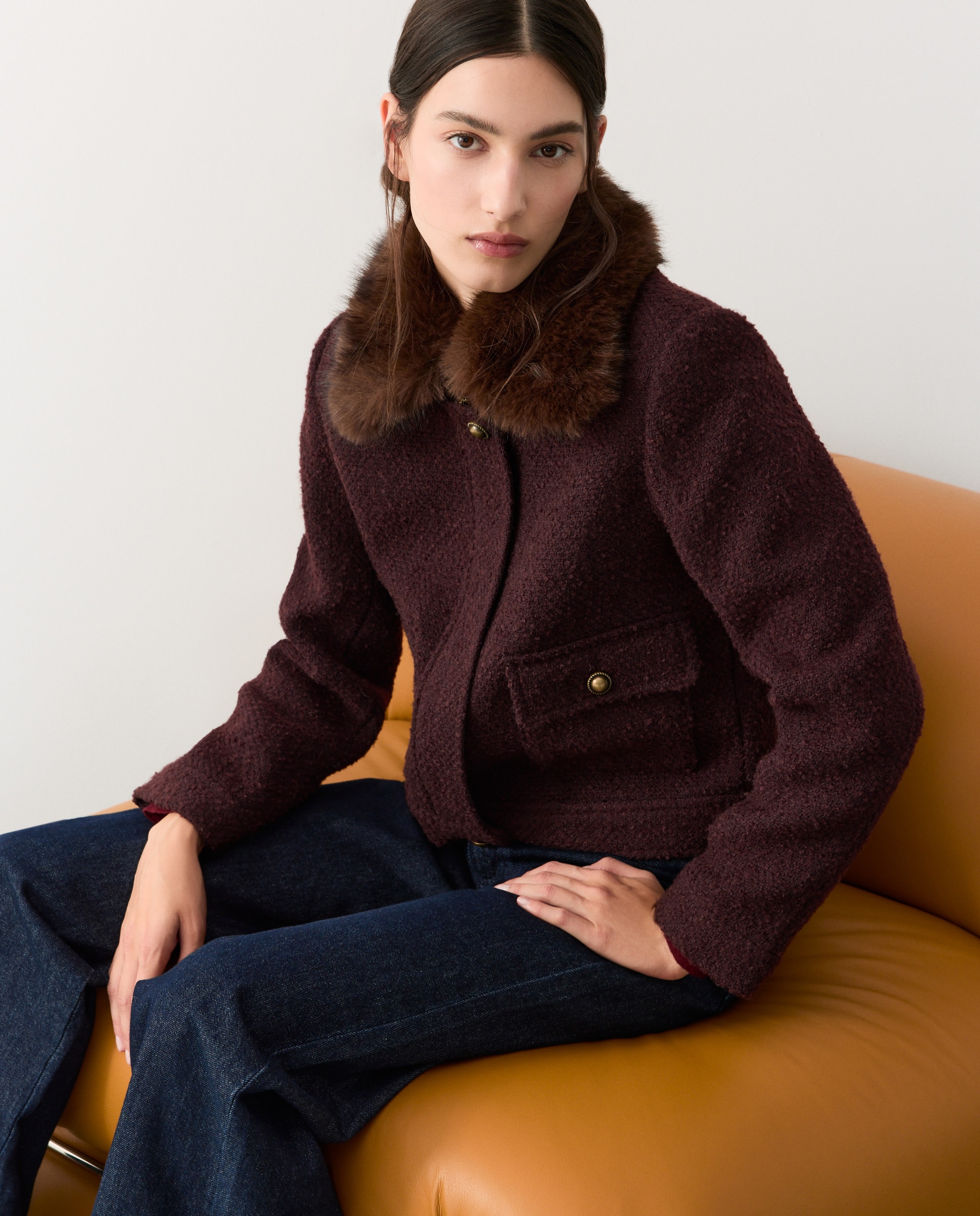 Chaqueta twill de mujer con cuello pelo desmontable - Tintoretto - 291 Berenjena 291 Berenjena-1
