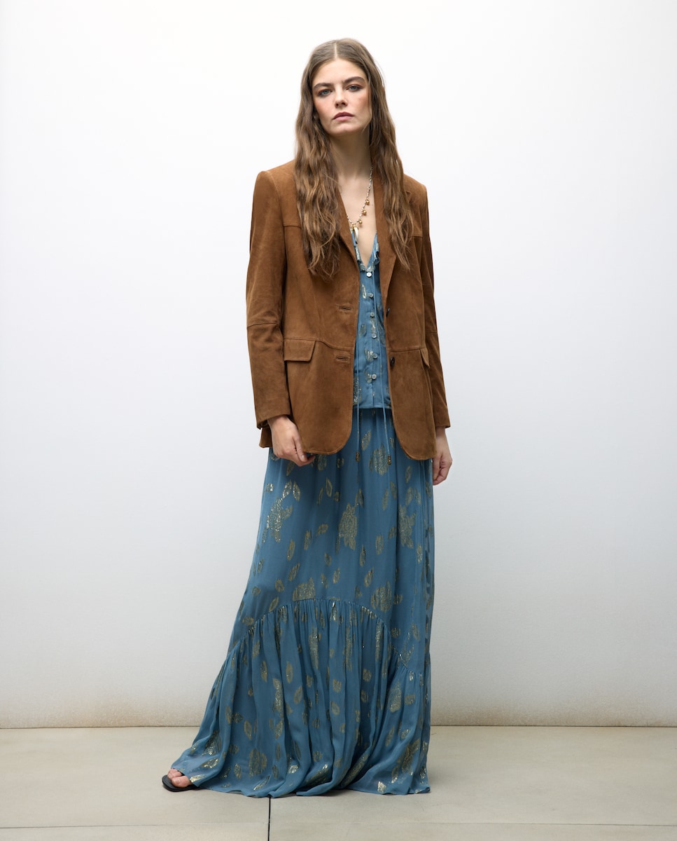 Saia Midi de Folho Jacquard com Brilho 410 Azul Claro-1