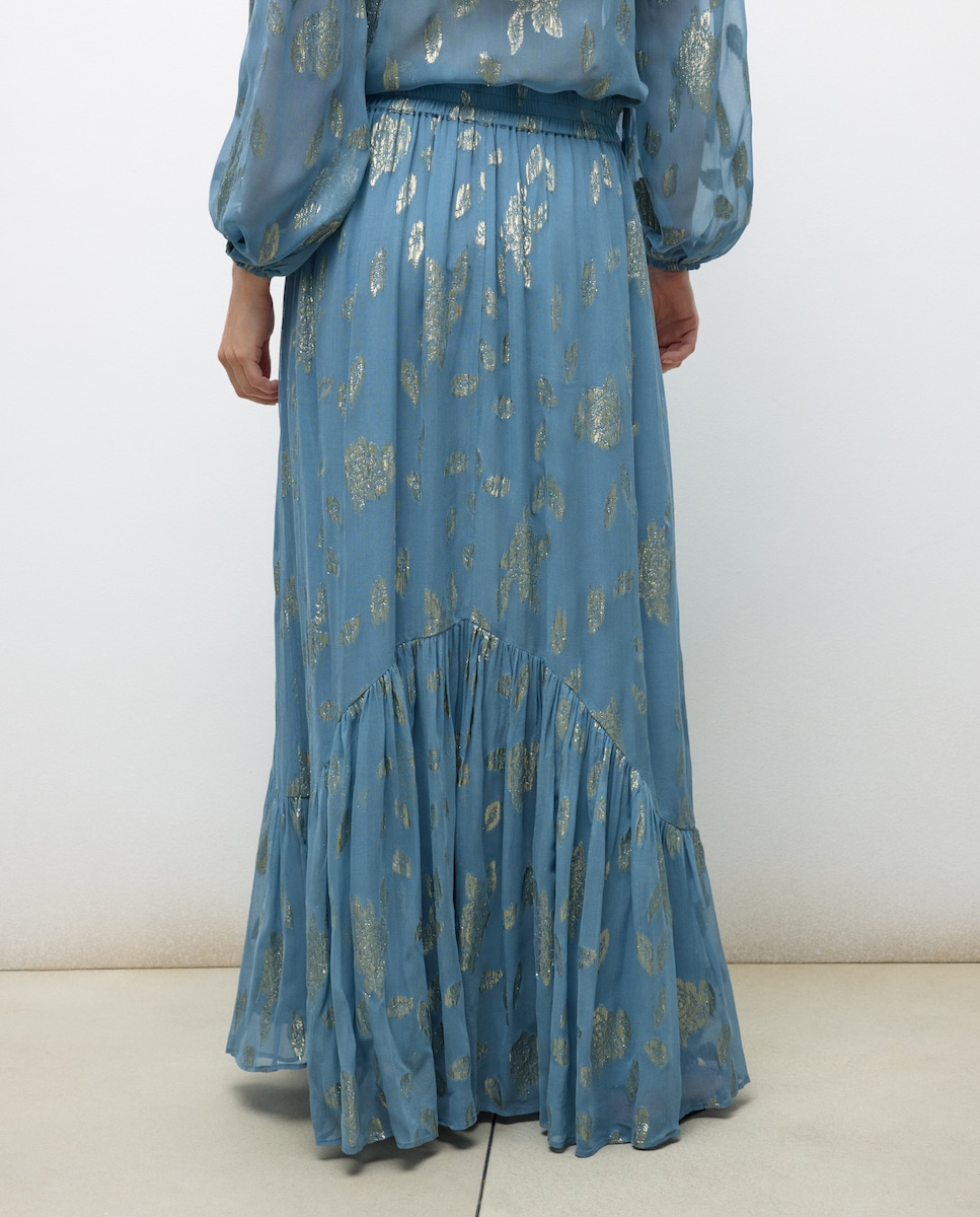 Saia Midi de Folho Jacquard com Brilho 410 Azul Claro-3