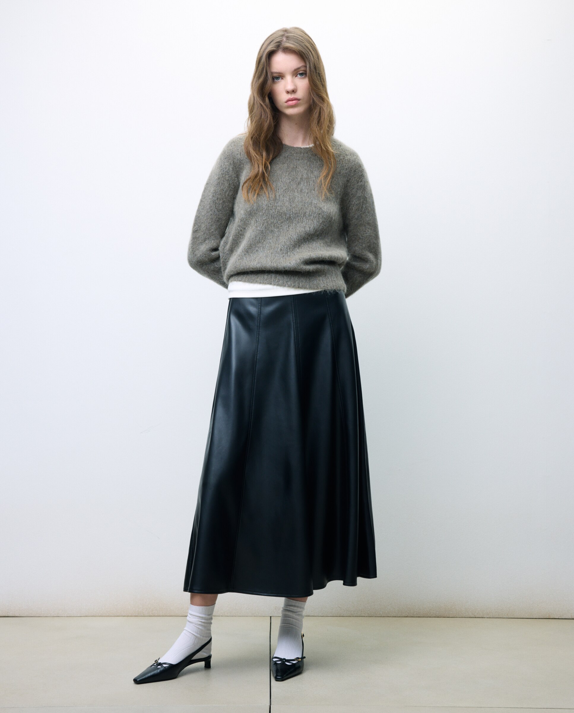 Saia midi com efeito de pele Preto-1