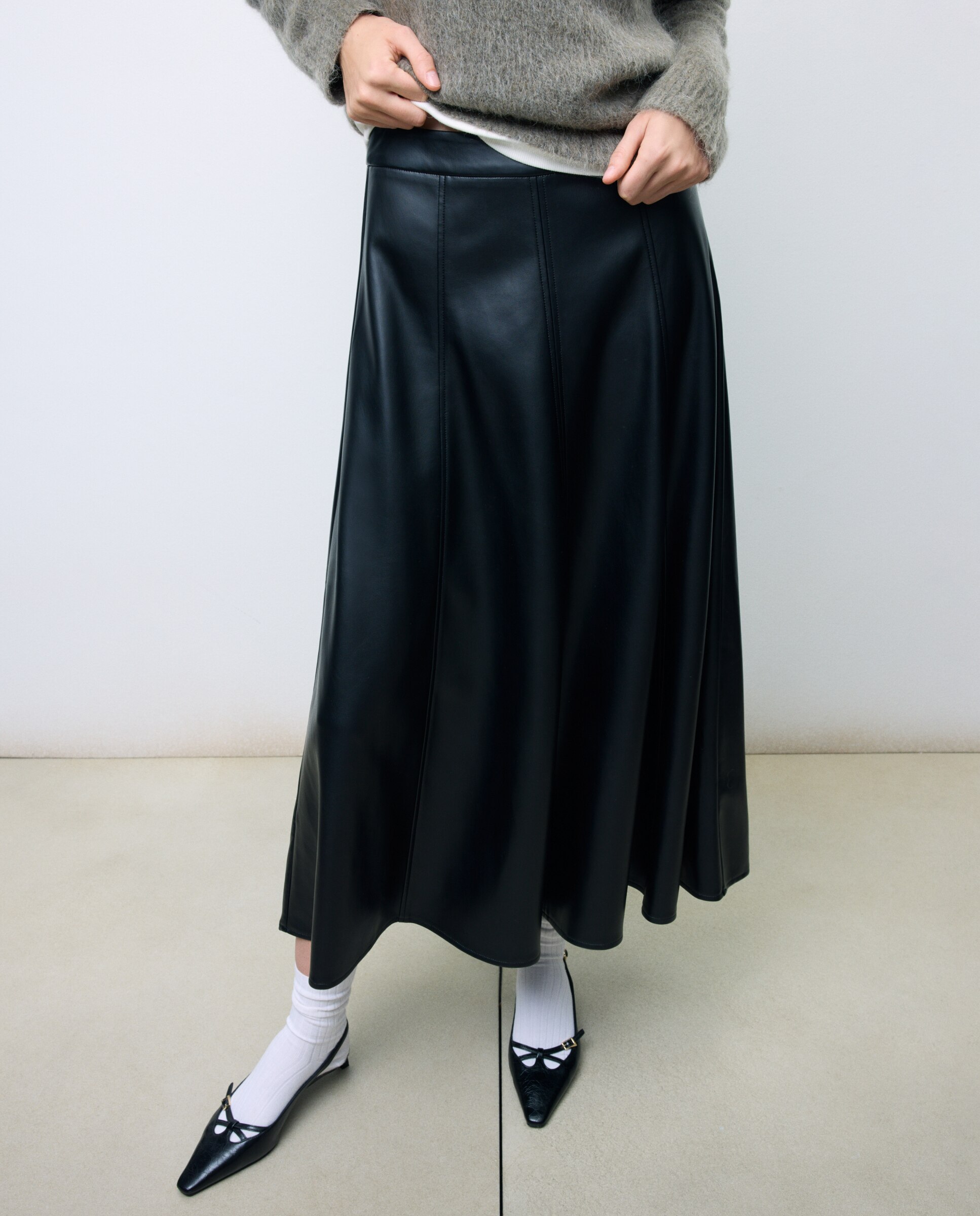 Saia midi com efeito de pele Preto-2