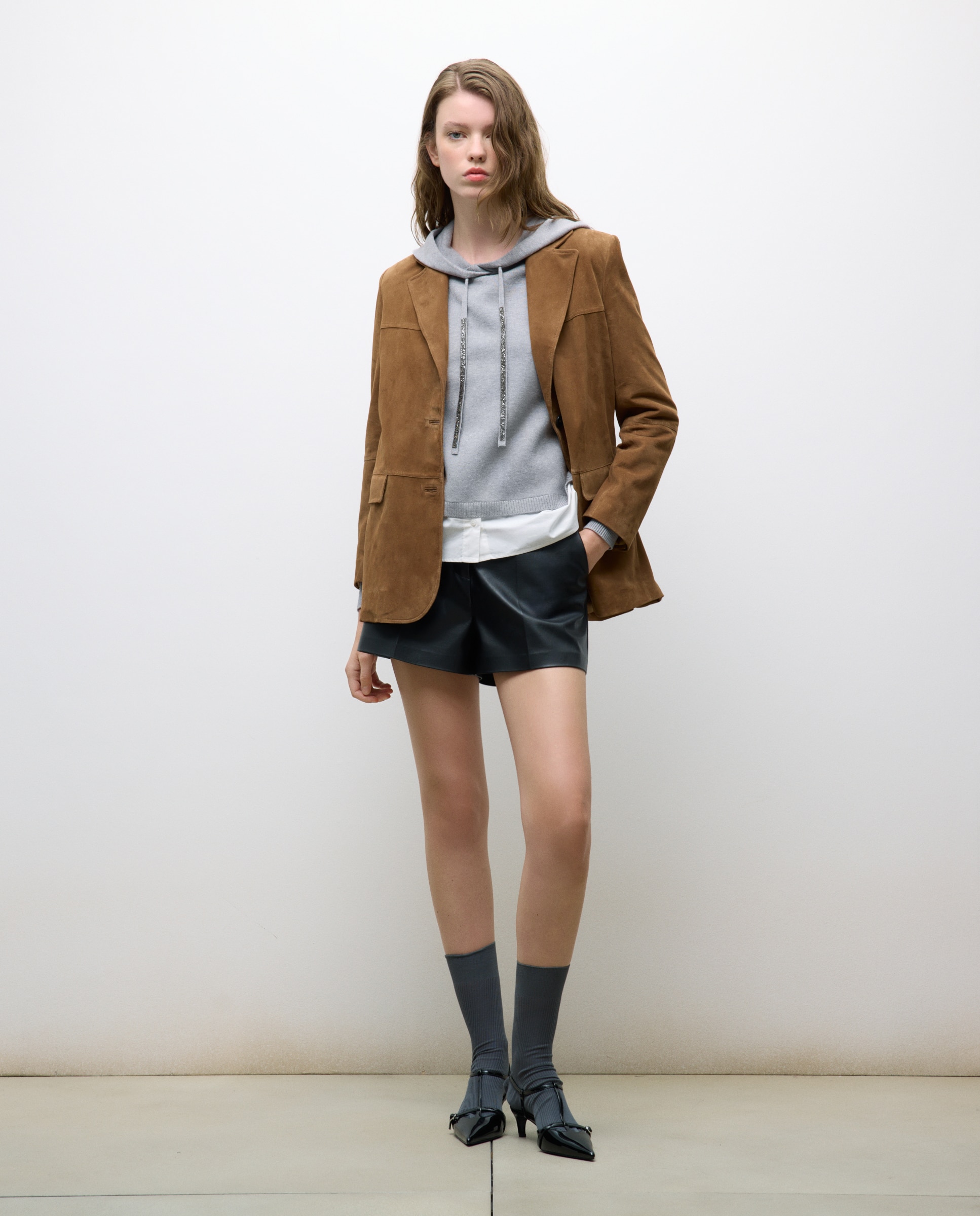 Camisola de malha de mulher com manga comprida e capuz Cinzento-claro-1