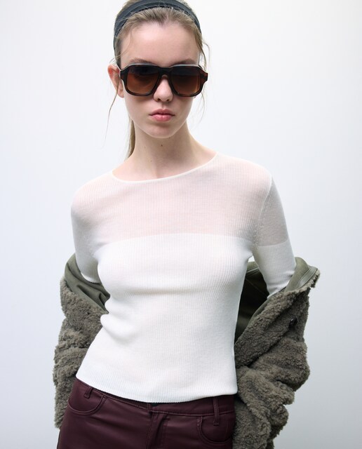 Imagem 0 de Camisola de Malha de Manga Comprida com Decote Transparente