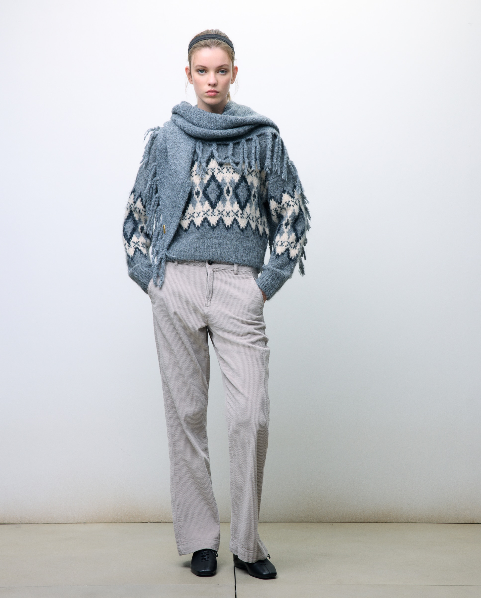 Camisola de malha jacquard com manga comprida 120 Cru-1