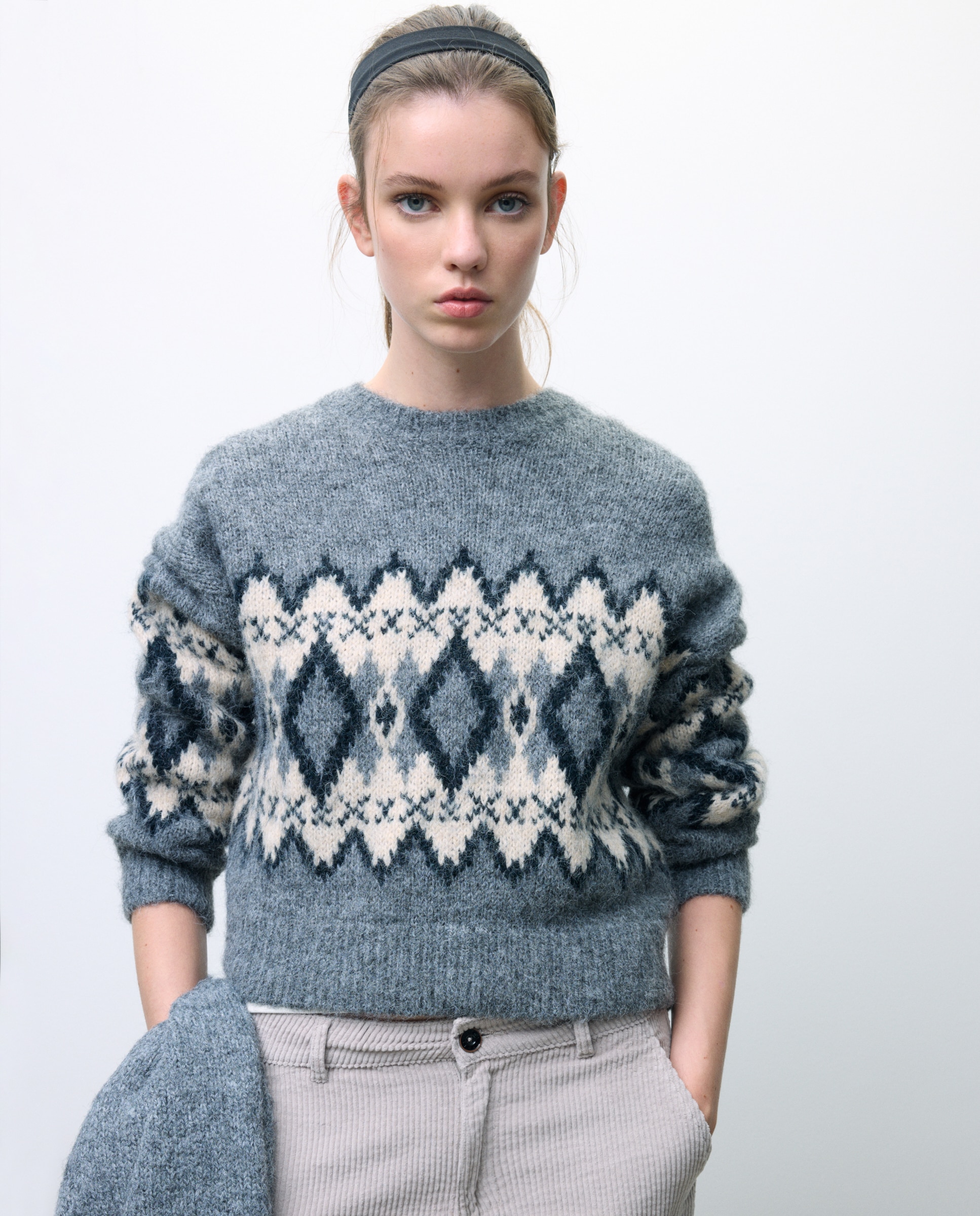 Camisola de malha jacquard com manga comprida 120 Cru-4