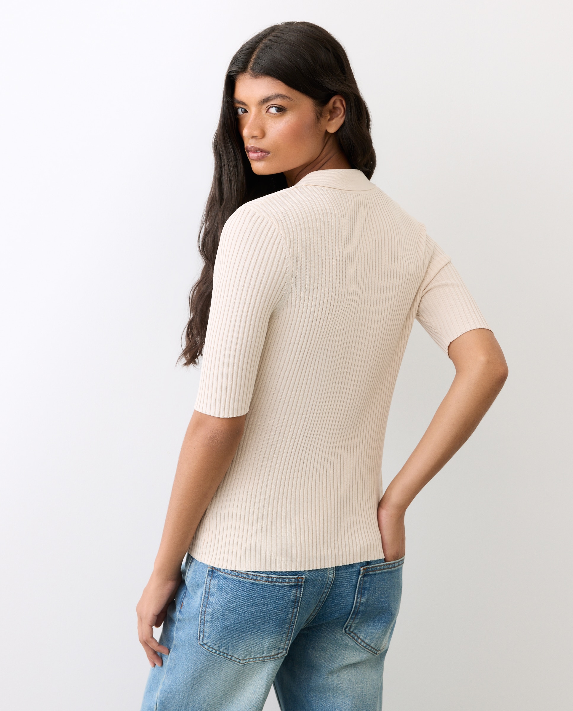 Camisola de Malha Tipo Polo Liso com Manga 3/4 120 Cru-2