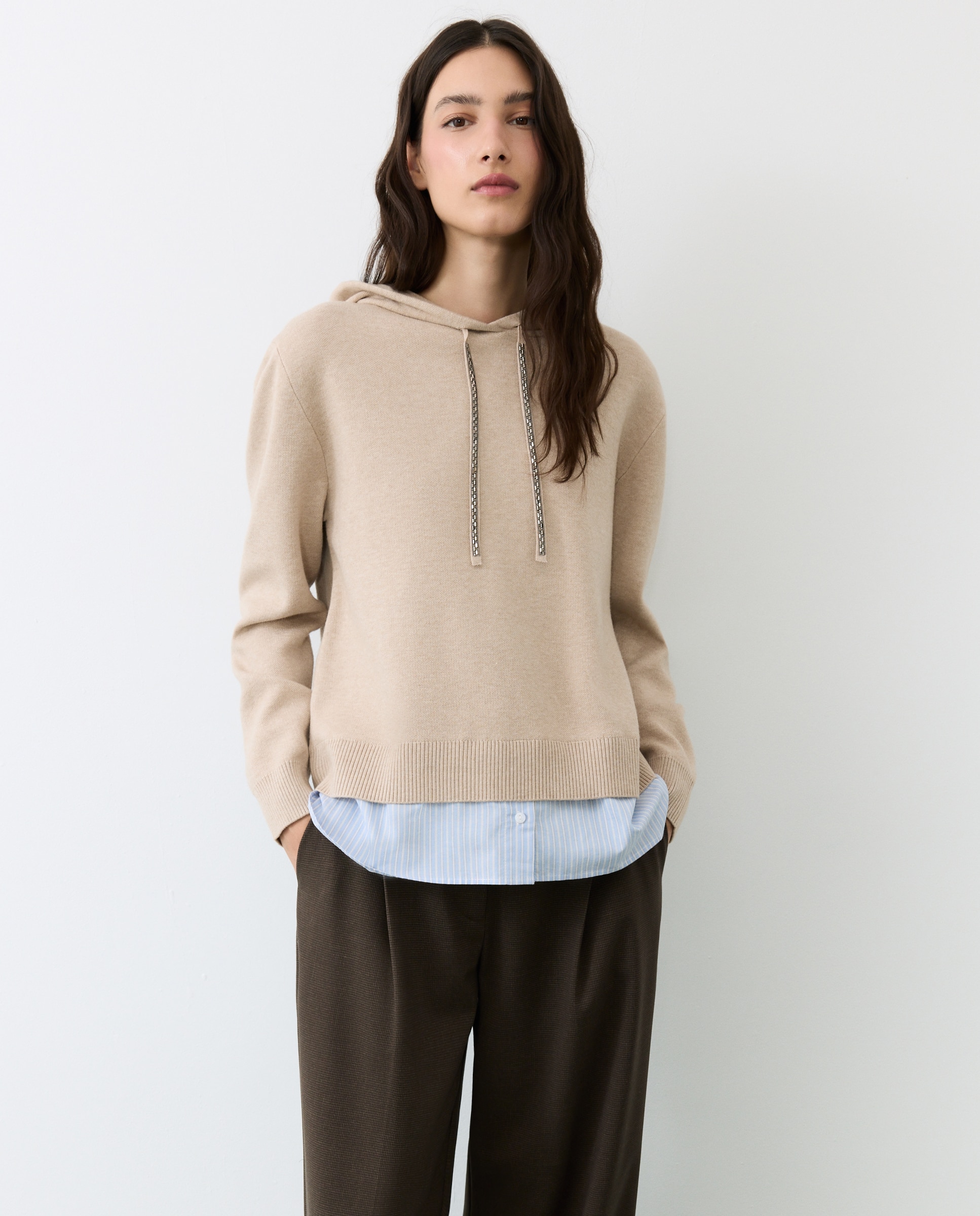 Suéter de mujer combinado capucha - Tintoretto - Beige Beige-2
