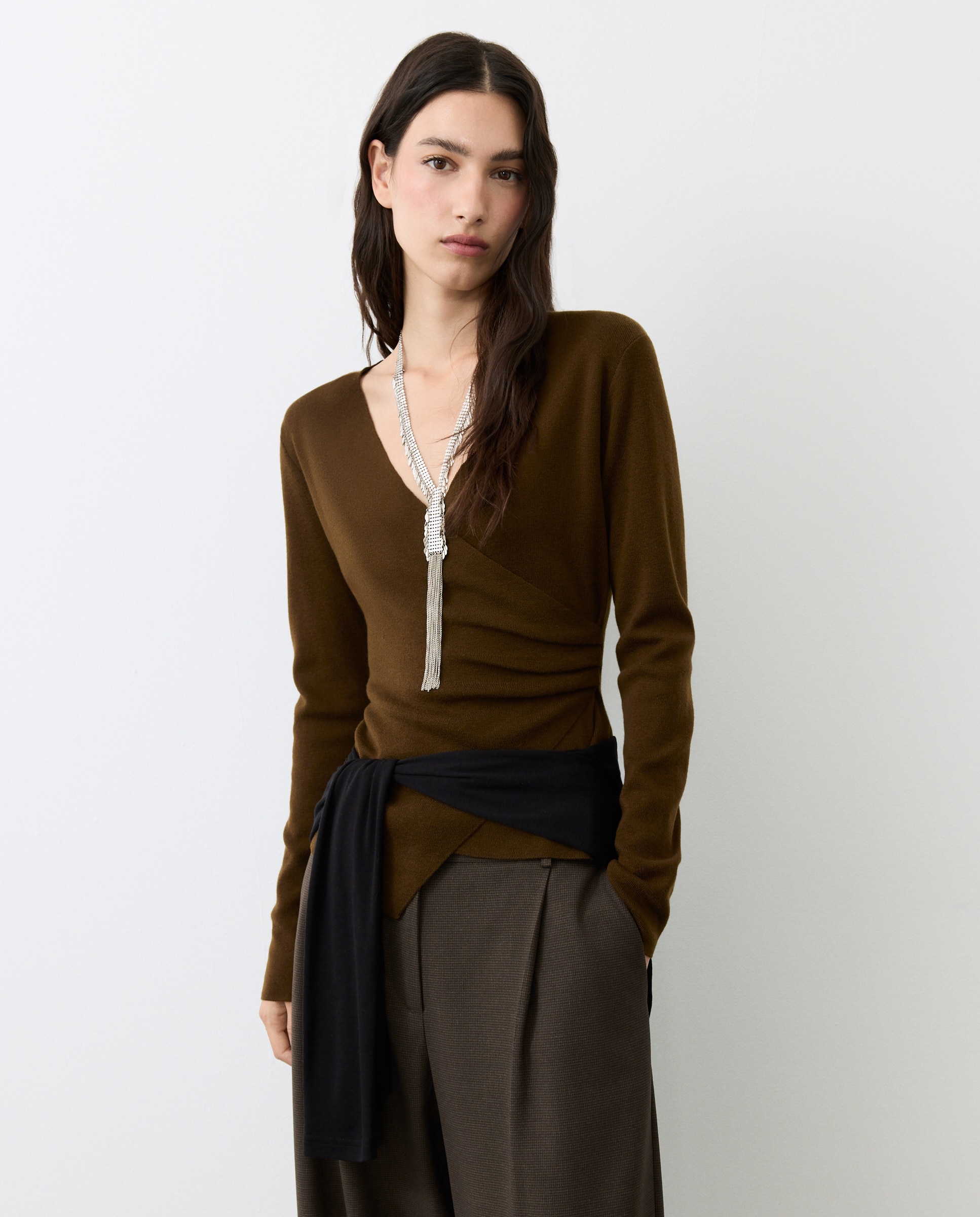 Jersey de mujer cruzado con frunce - Tintoretto - 560 Oliva 560 Oliva-1