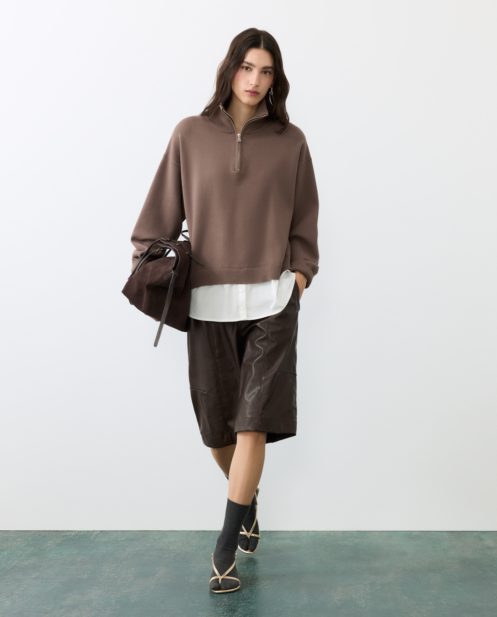 Imagen 0 de Jersey de mujer con cremallera y capucha Visón oscuro