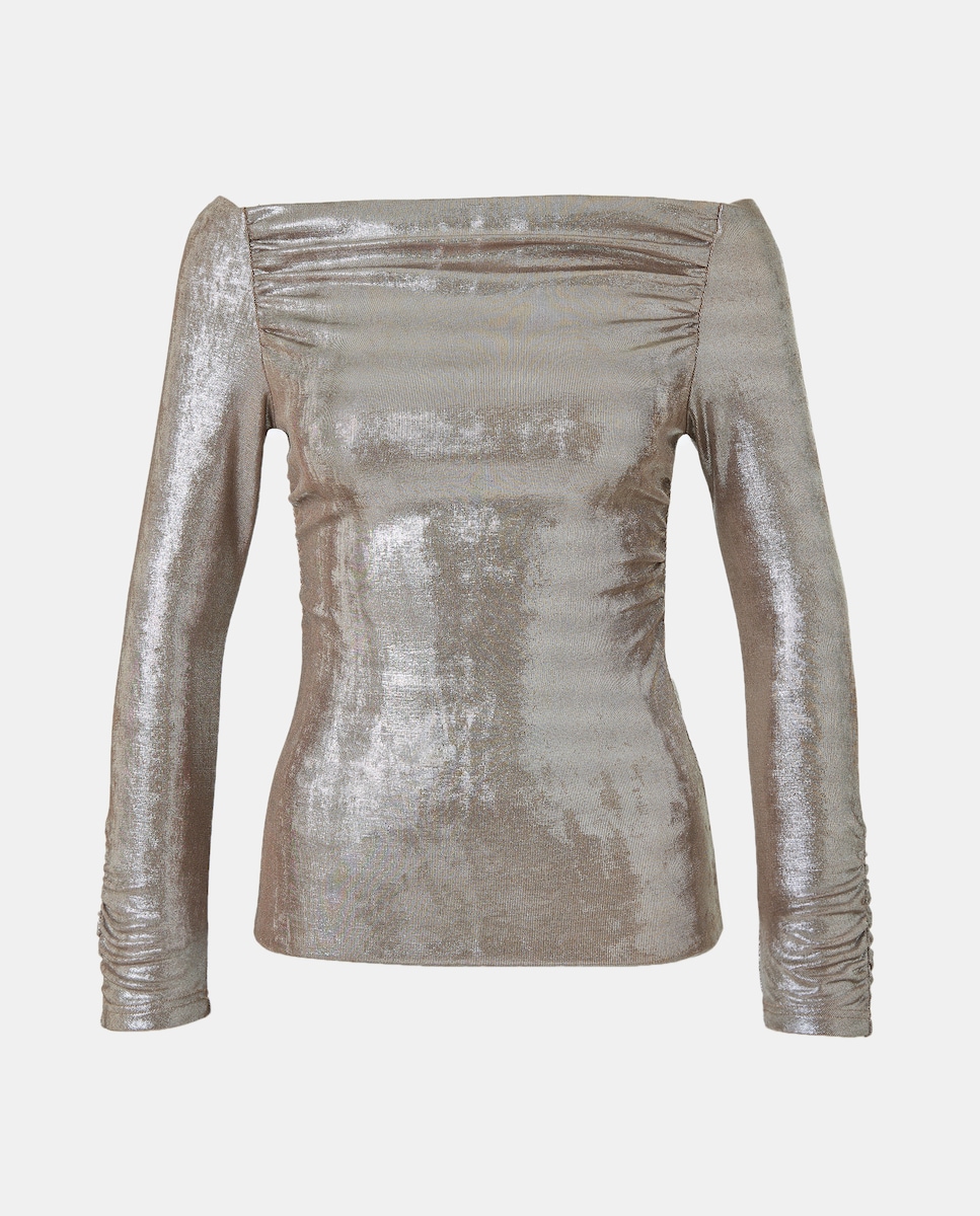 Camisola Laminada com Decote Bardot 390 Ouro-5