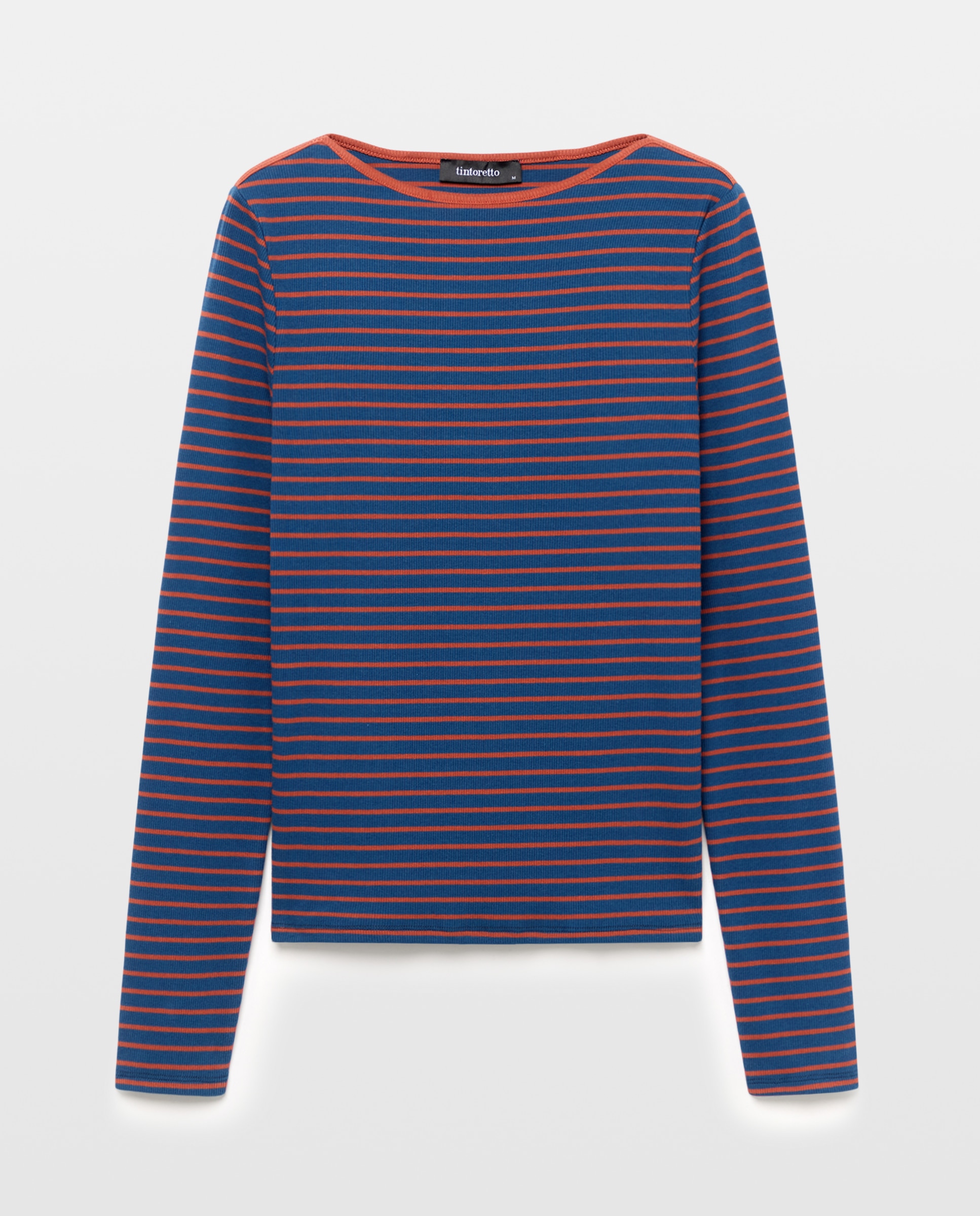 Camisola de Manga Comprida Canelada às Riscas com Decote à Barco Azul-5