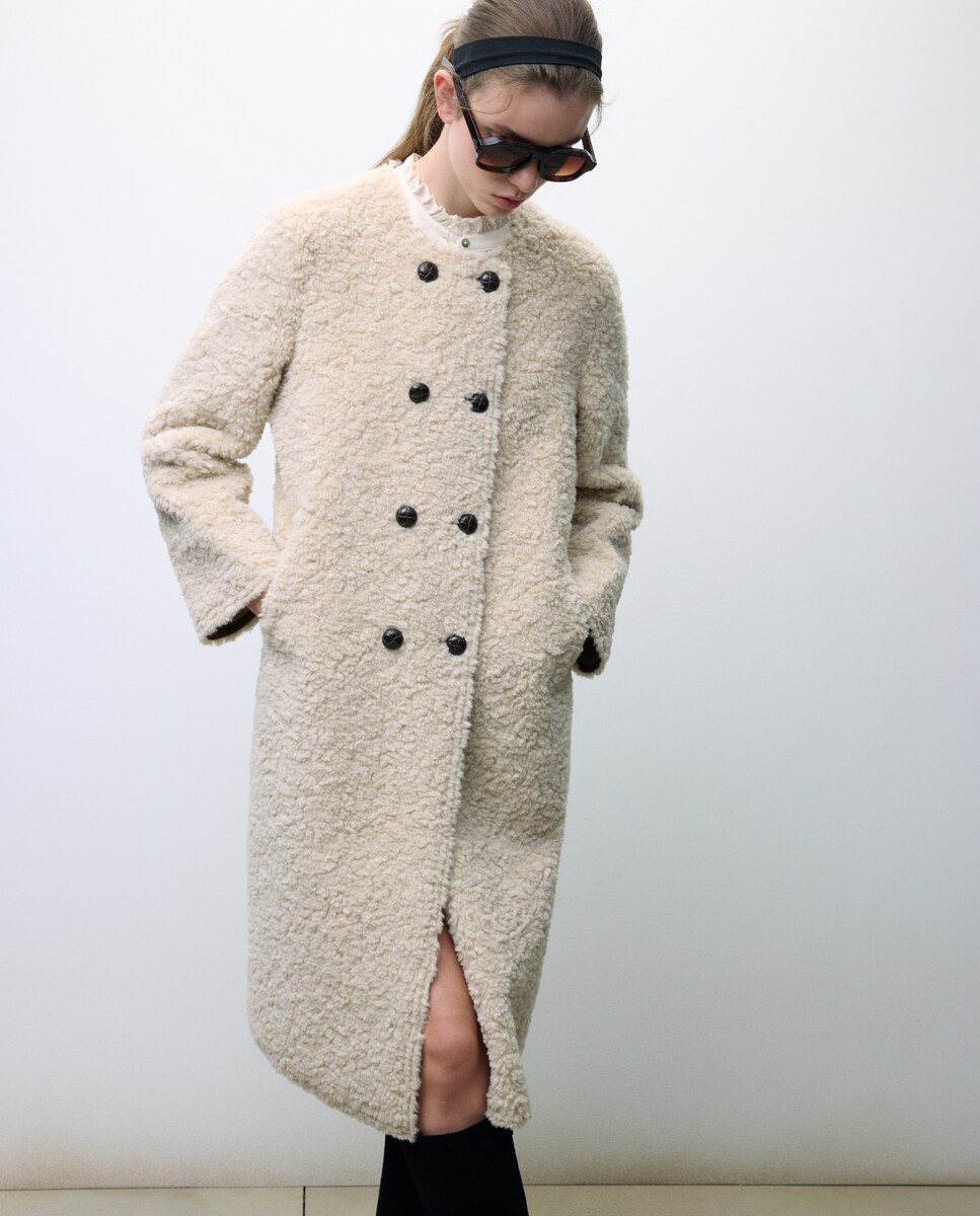 Casaco de Pelo Comprido com Decote Redondo 120 Cru-3