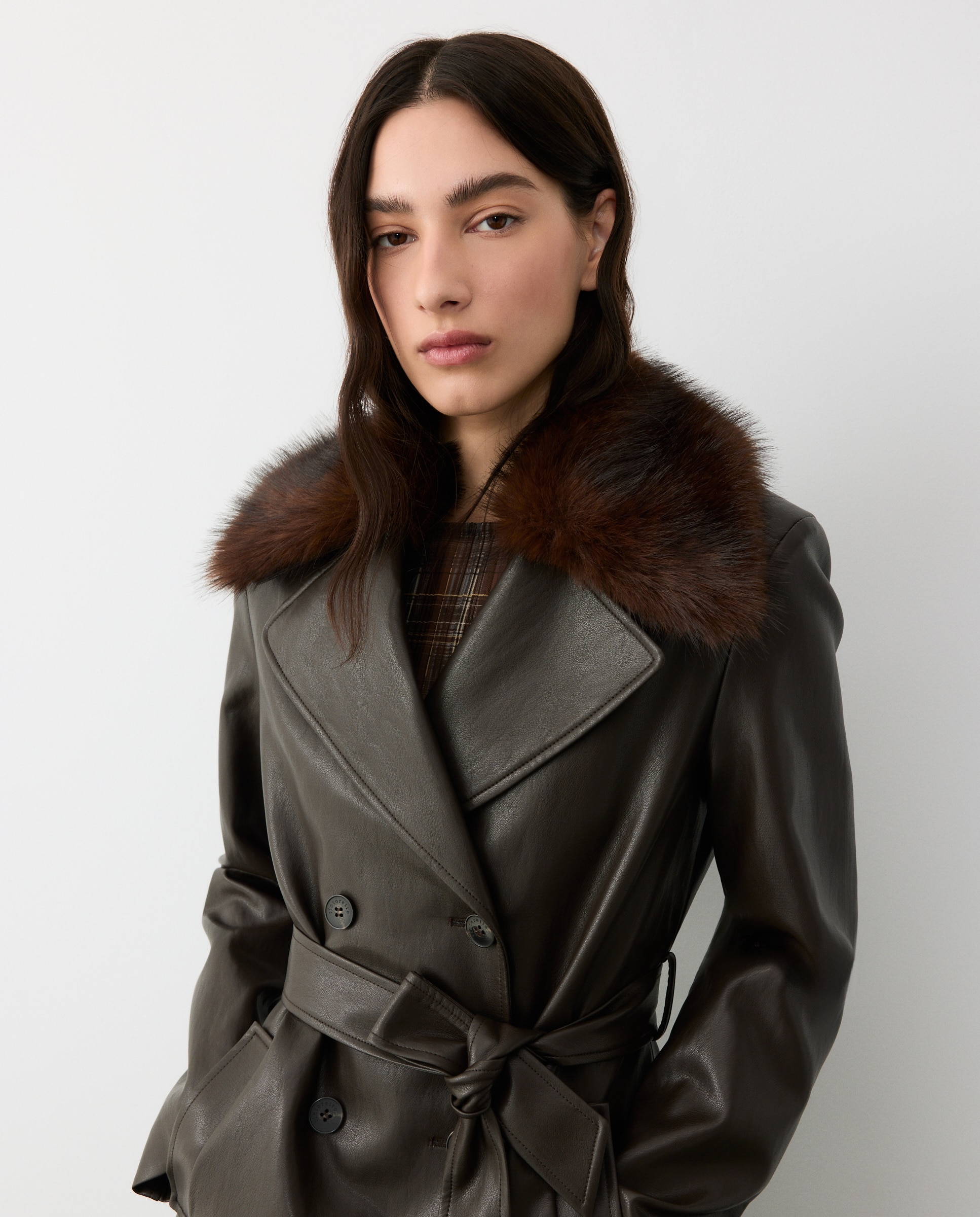 Trench efecto piel con pelo en cuello de mujer - Tintoretto - Marrón Marrón-2