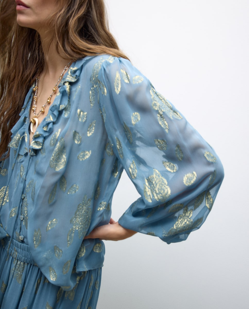 Blusa de Manga Comprida Jacquard com Brilho 410 Azul Claro-2