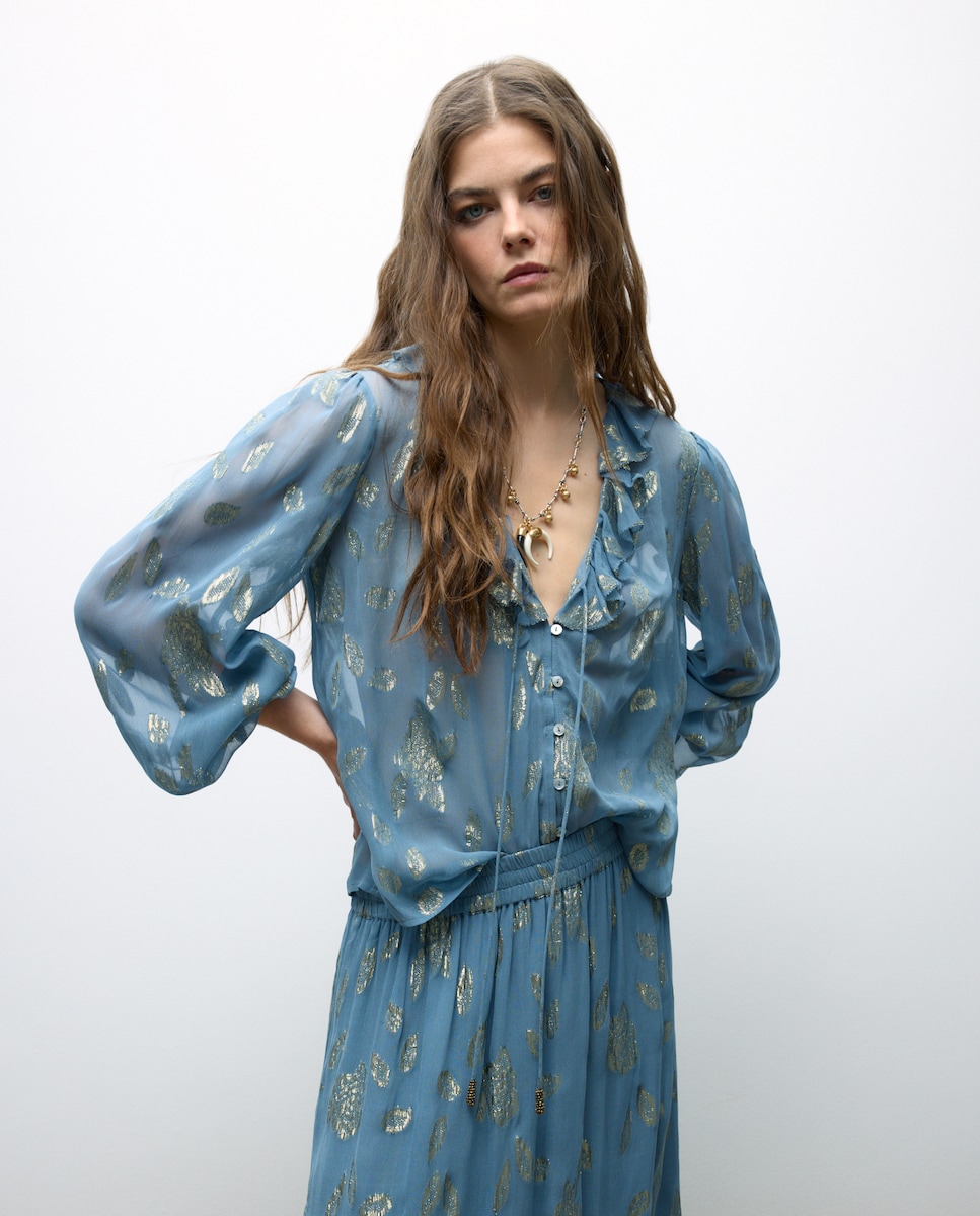 Blusa de Manga Comprida Jacquard com Brilho 410 Azul Claro-3