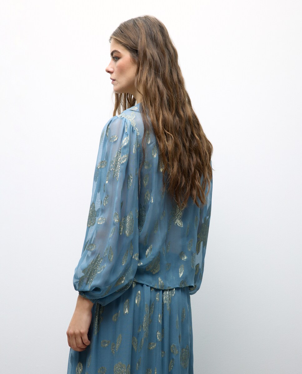 Blusa de Manga Comprida Jacquard com Brilho 410 Azul Claro-4