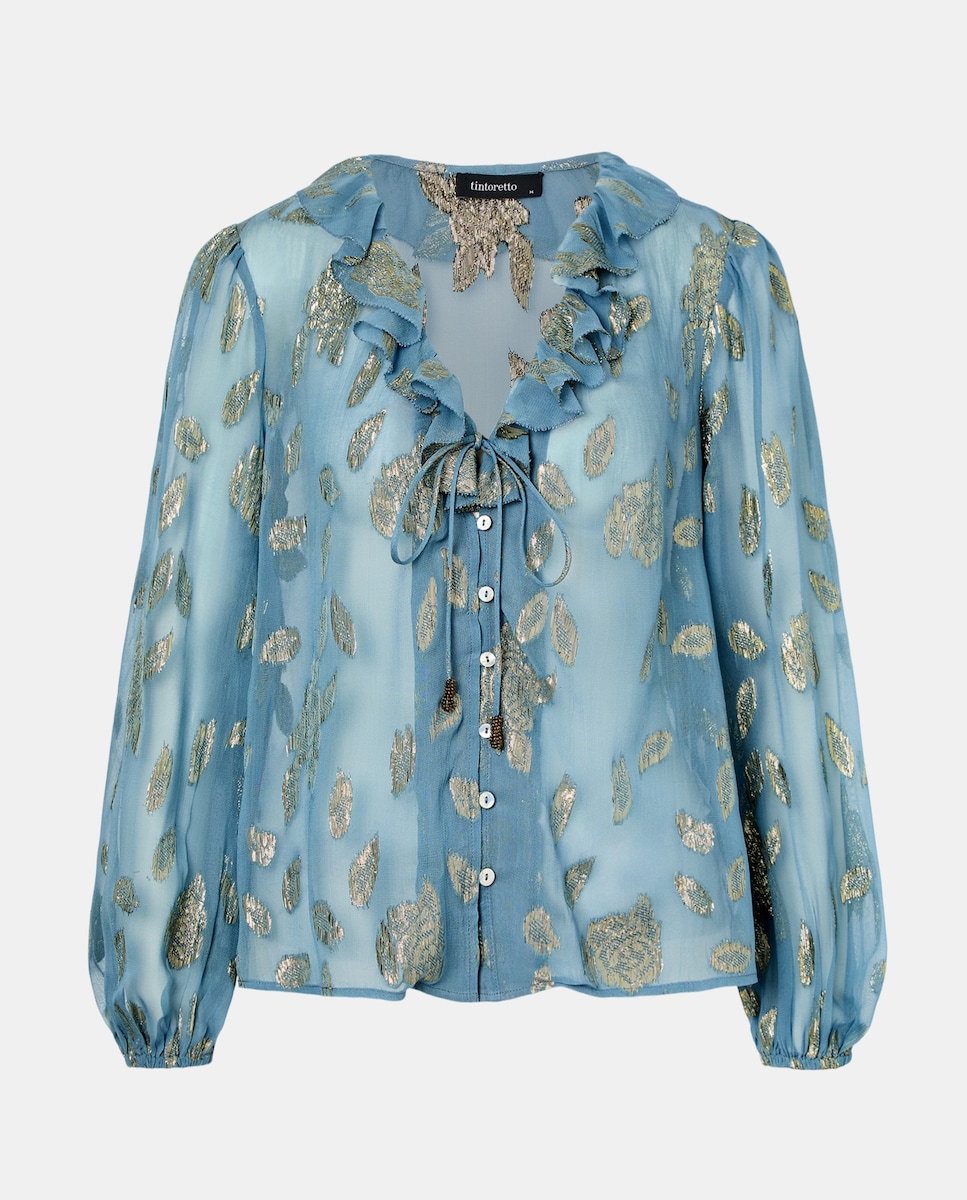 Blusa de Manga Comprida Jacquard com Brilho 410 Azul Claro-5