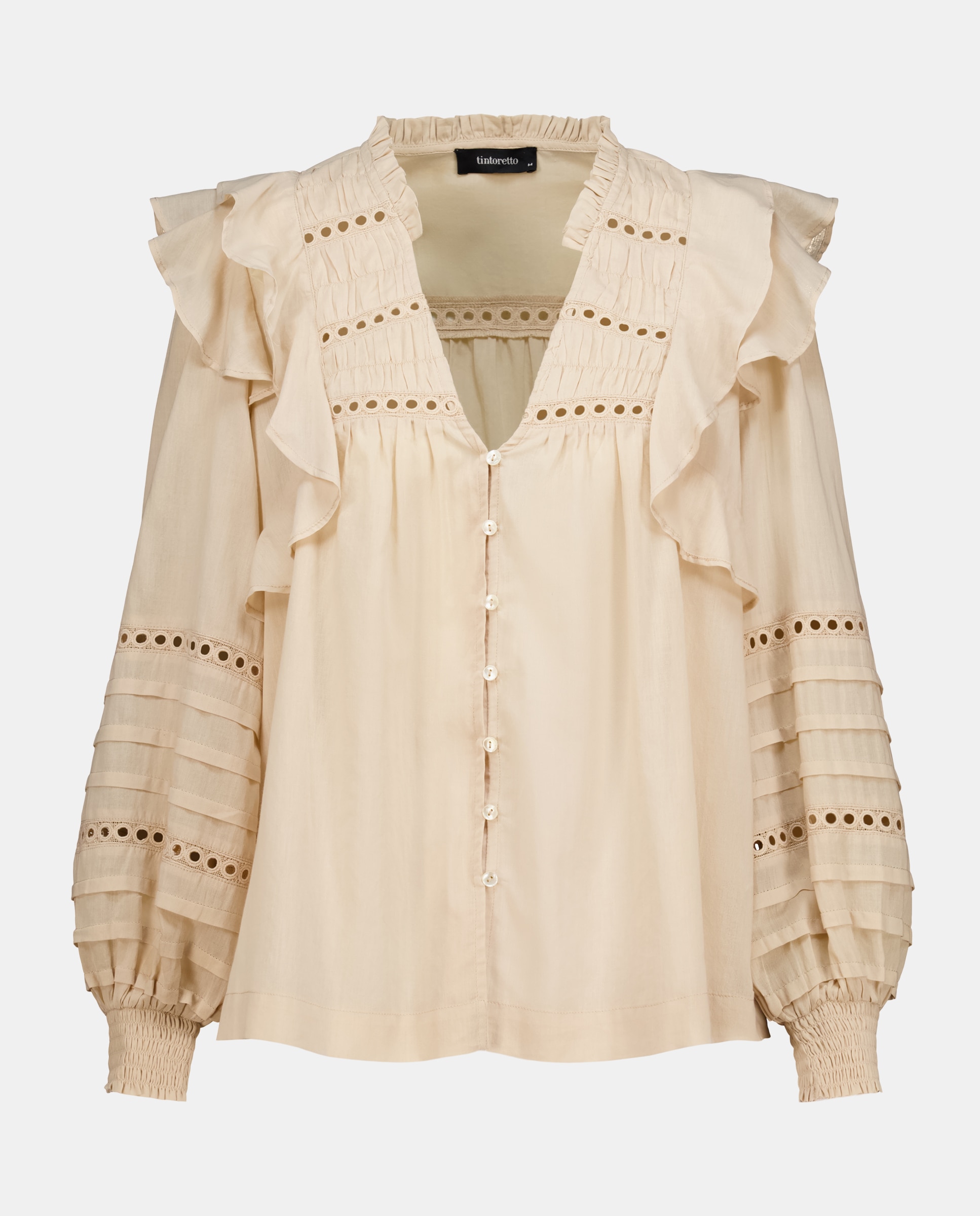 Blusa de Manga Comprida com Detalhe de Renda e Folhos 850 Pedra-5