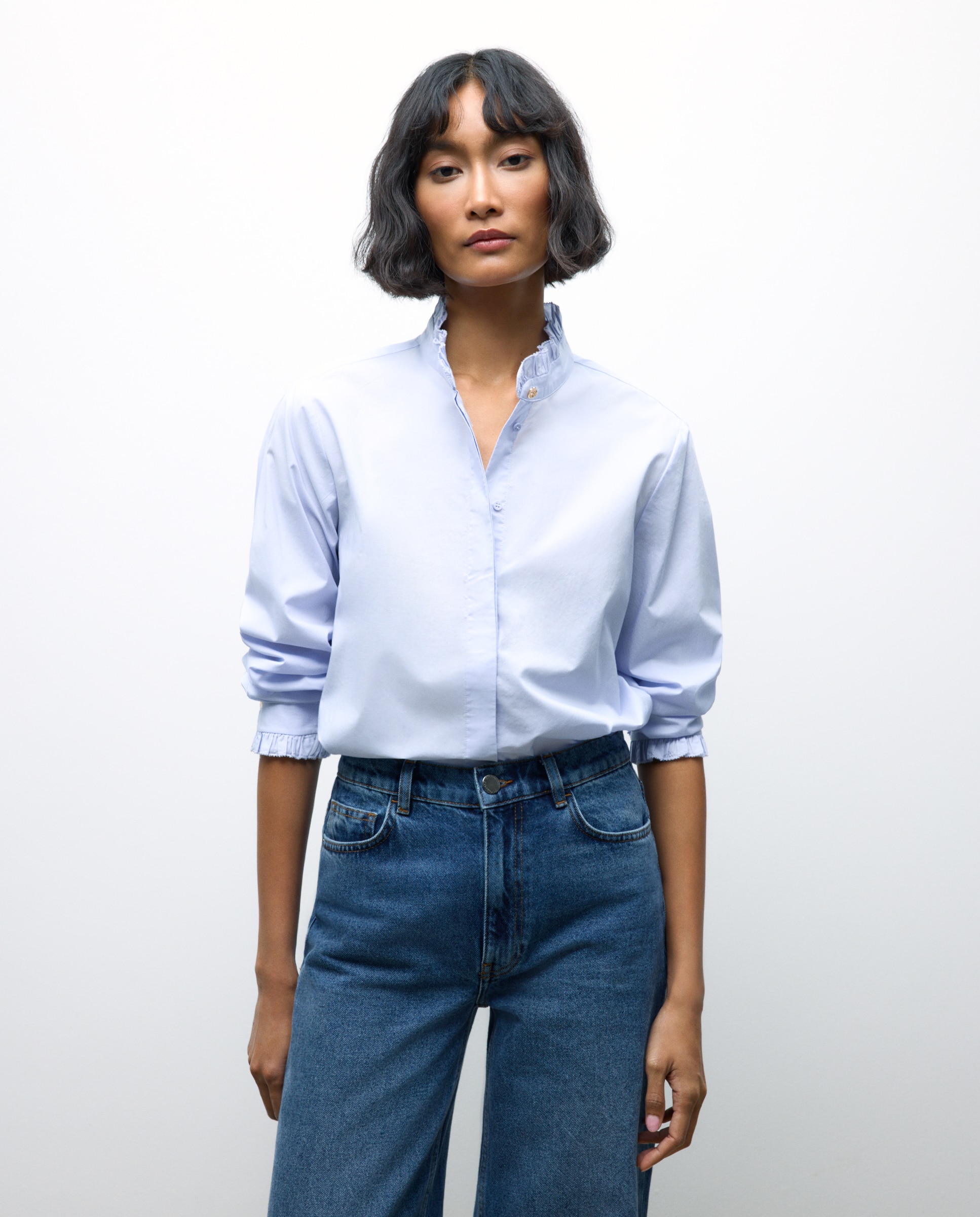 Camisa de Manga Comprida em Popelina com Folho 400 Azul-1